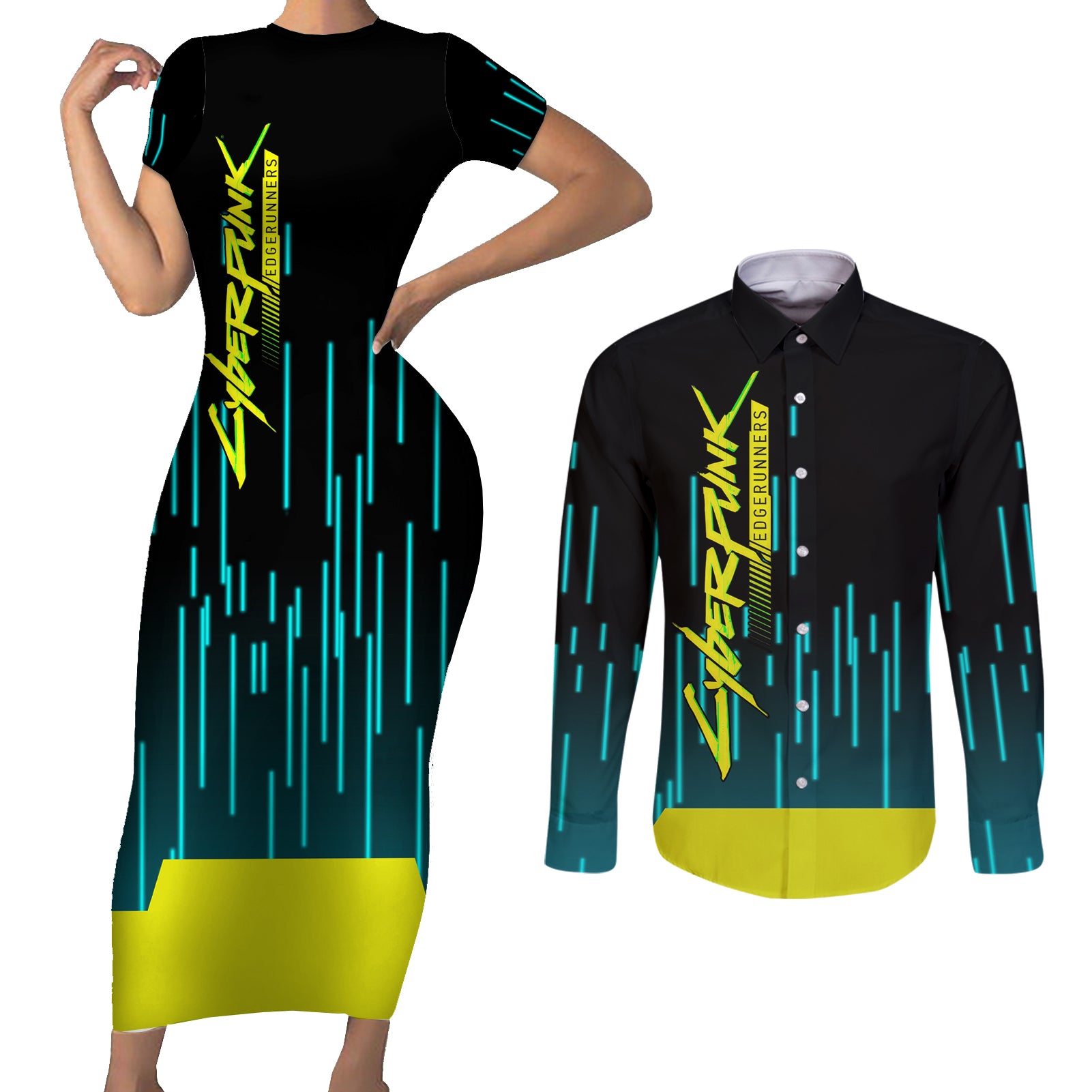 Cyberpunk David Martinez Couples Matching Short Sleeve Bodycon Dress and Long Sleeve Button Shirt