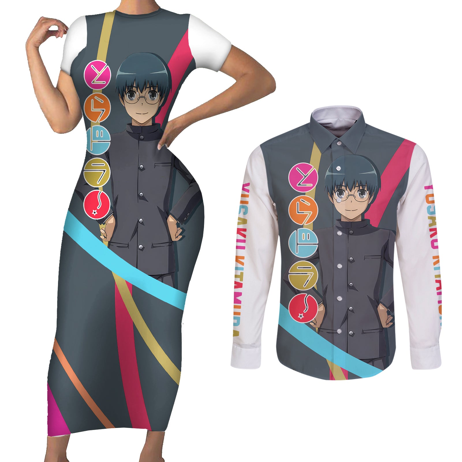 Yusaku Kitamura Couples Matching Short Sleeve Bodycon Dress and Long Sleeve Button Shirt Toradora