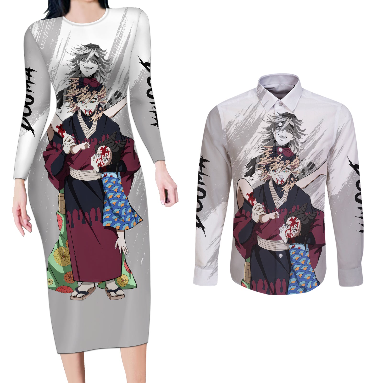 Douma Couples Matching Long Sleeve Bodycon Dress and Long Sleeve Button Shirt Demon Slayer