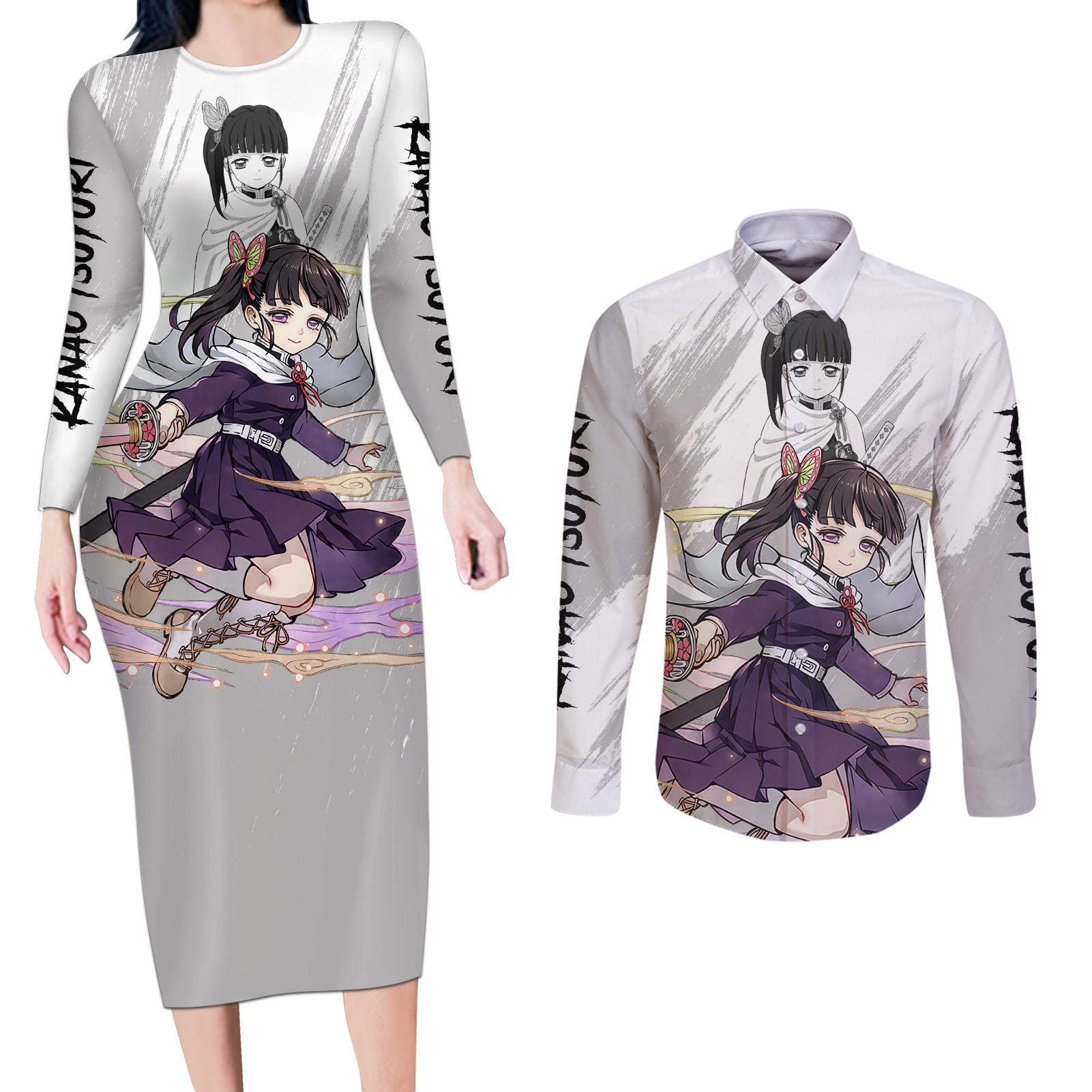 Kanao Tsuyuri Couples Matching Long Sleeve Bodycon Dress and Long Sleeve Button Shirt Demon Slayer