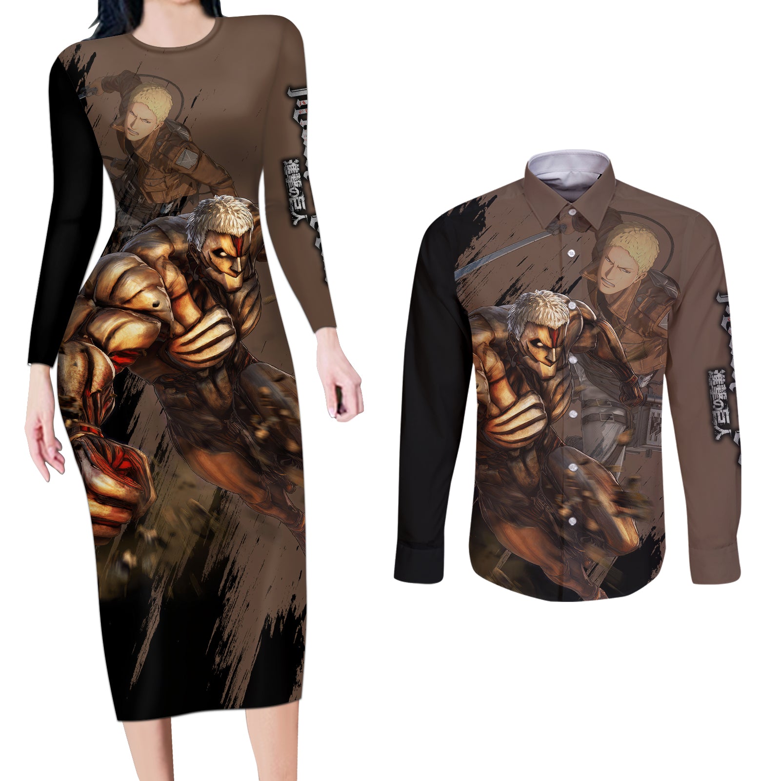 Armored Titan Couples Matching Long Sleeve Bodycon Dress and Long Sleeve Button Shirt Attack On Titan