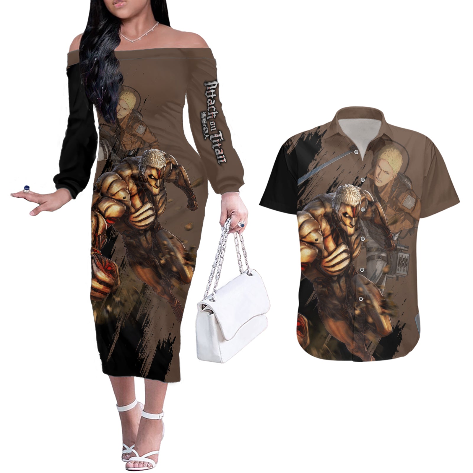 Armored Titan Couples Matching Off The Shoulder Long Sleeve Dress and Hawaiian Shirt Attack On Titan