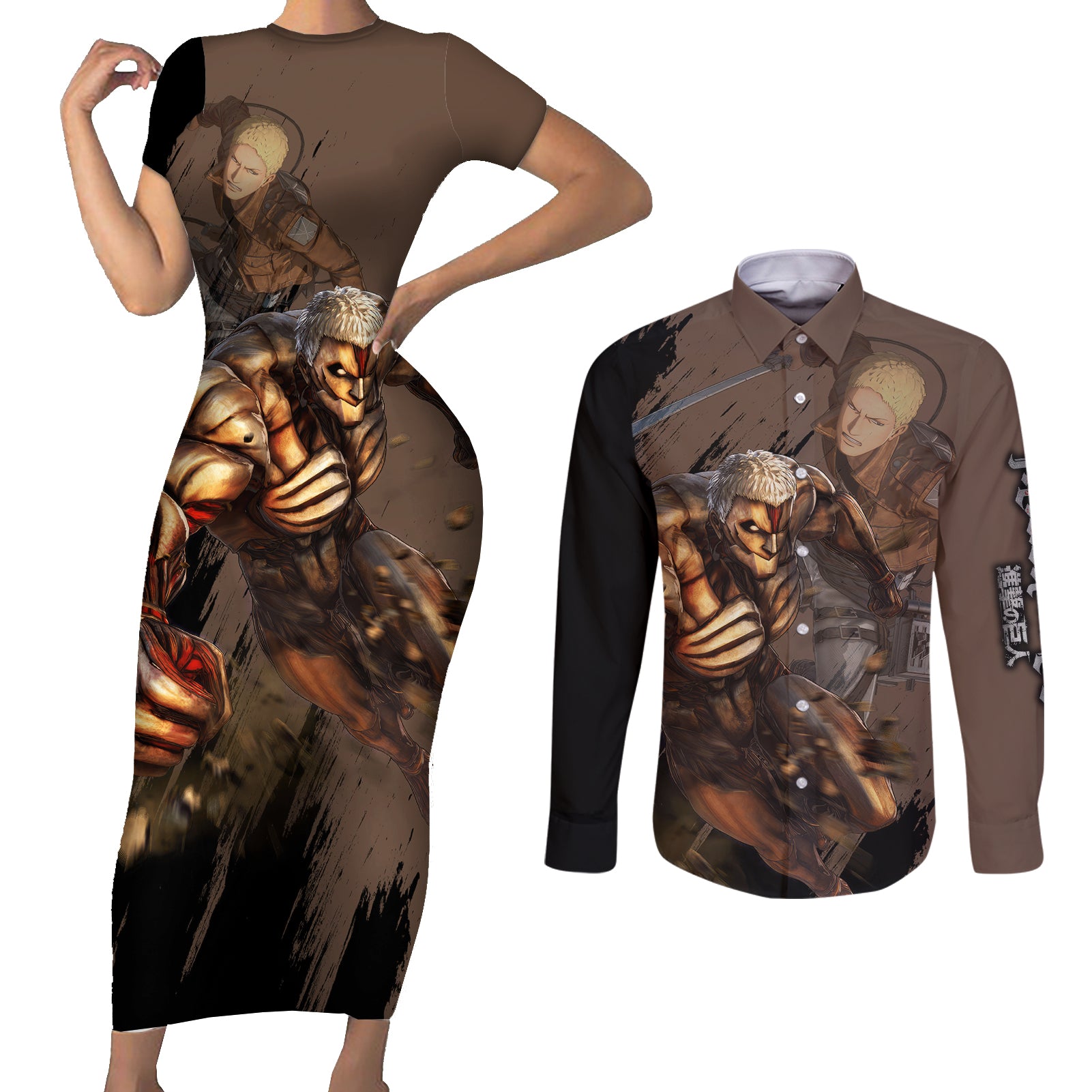 Armored Titan Couples Matching Short Sleeve Bodycon Dress and Long Sleeve Button Shirt Attack On Titan