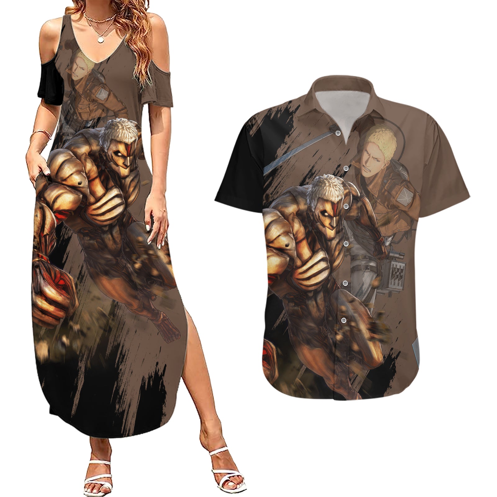 Armored Titan Couples Matching Summer Maxi Dress and Hawaiian Shirt Attack On Titan