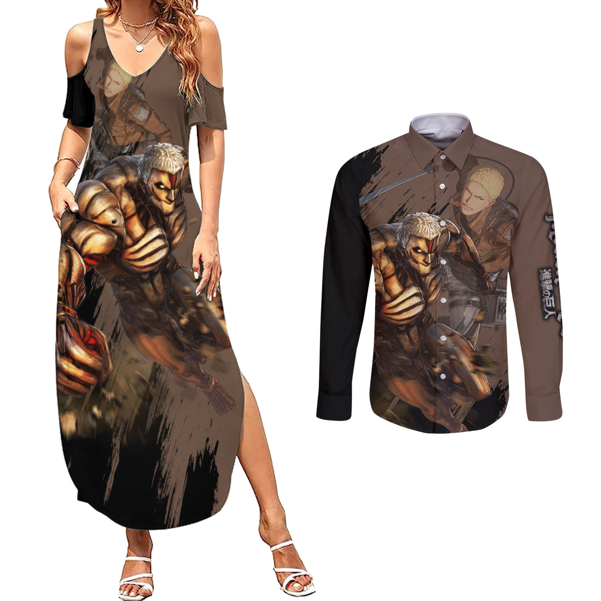 Armored Titan Couples Matching Summer Maxi Dress and Long Sleeve Button Shirt Attack On Titan