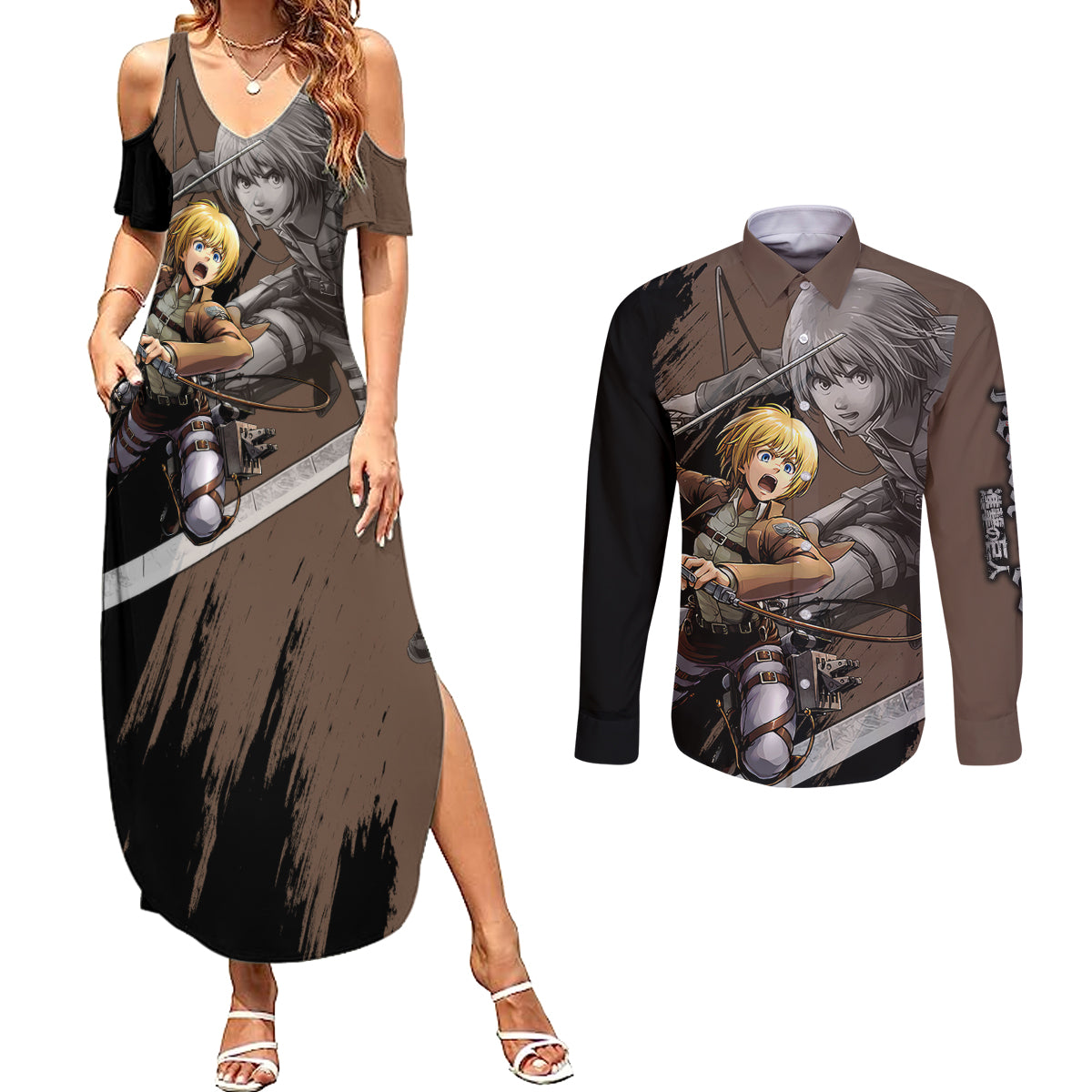 Armin Arler Couples Matching Summer Maxi Dress and Long Sleeve Button Shirt Attack On Titan