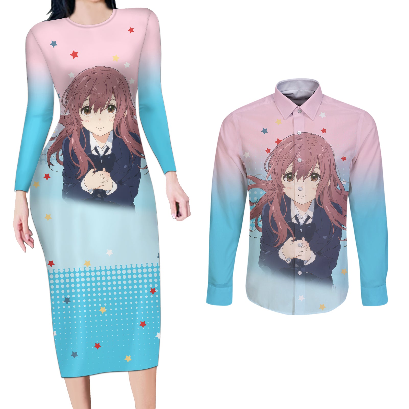 Nishimiya Shouko Couples Matching Long Sleeve Bodycon Dress and Long Sleeve Button Shirt A Slient Voice