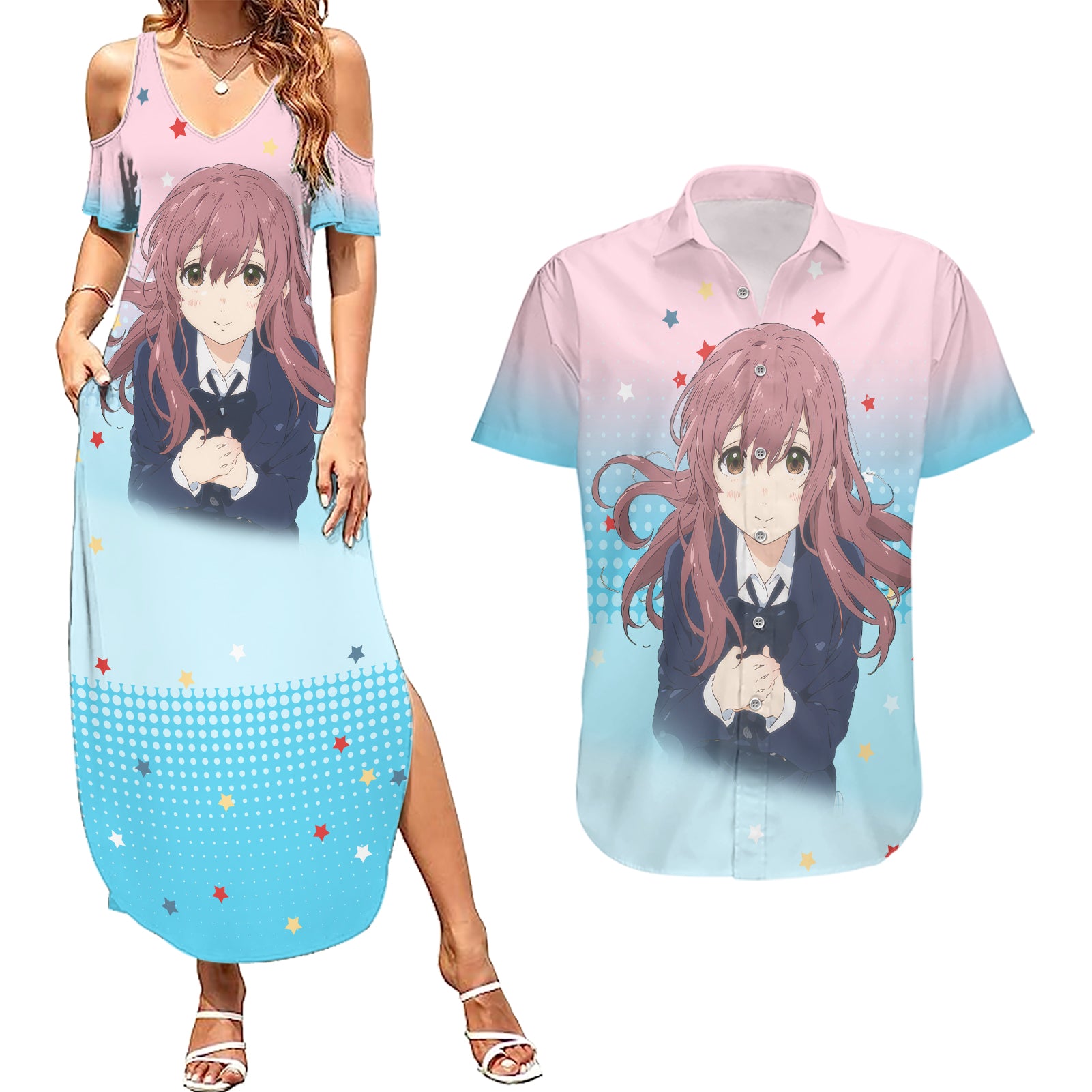 Nishimiya Shouko Couples Matching Summer Maxi Dress and Hawaiian Shirt A Slient Voice