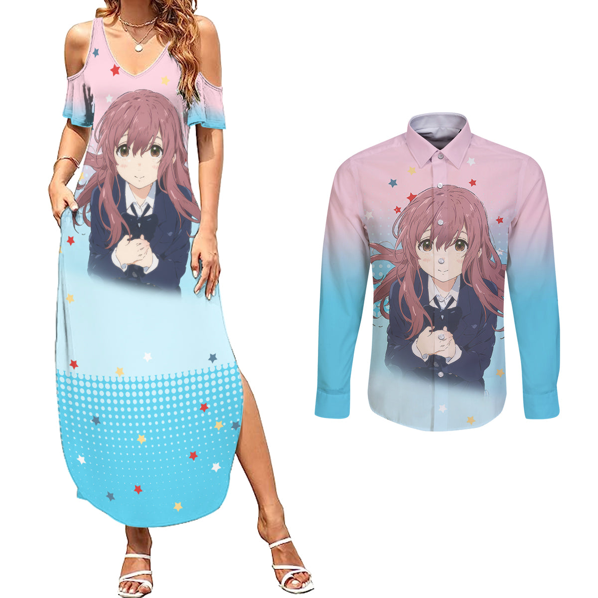 Nishimiya Shouko Couples Matching Summer Maxi Dress and Long Sleeve Button Shirt A Slient Voice