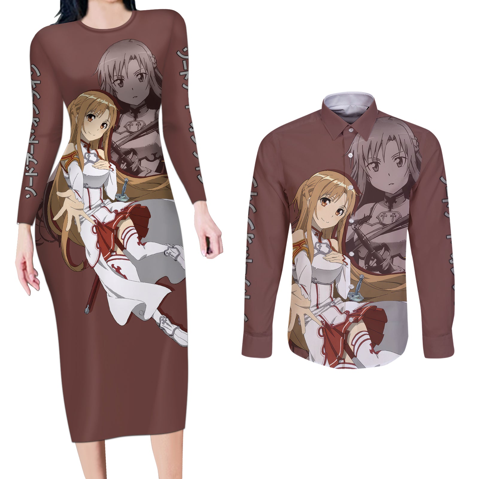 Asuna Yuuki Couples Matching Long Sleeve Bodycon Dress and Long Sleeve Button Shirt Sword Art Online