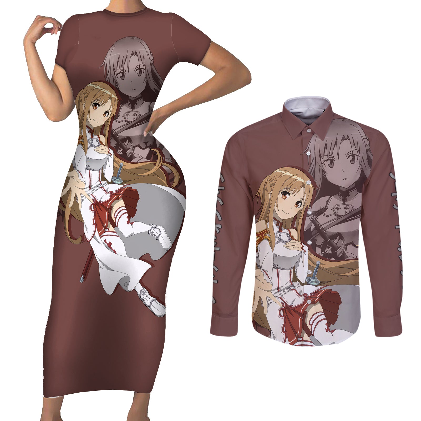 Asuna Yuuki Couples Matching Short Sleeve Bodycon Dress and Long Sleeve Button Shirt Sword Art Online