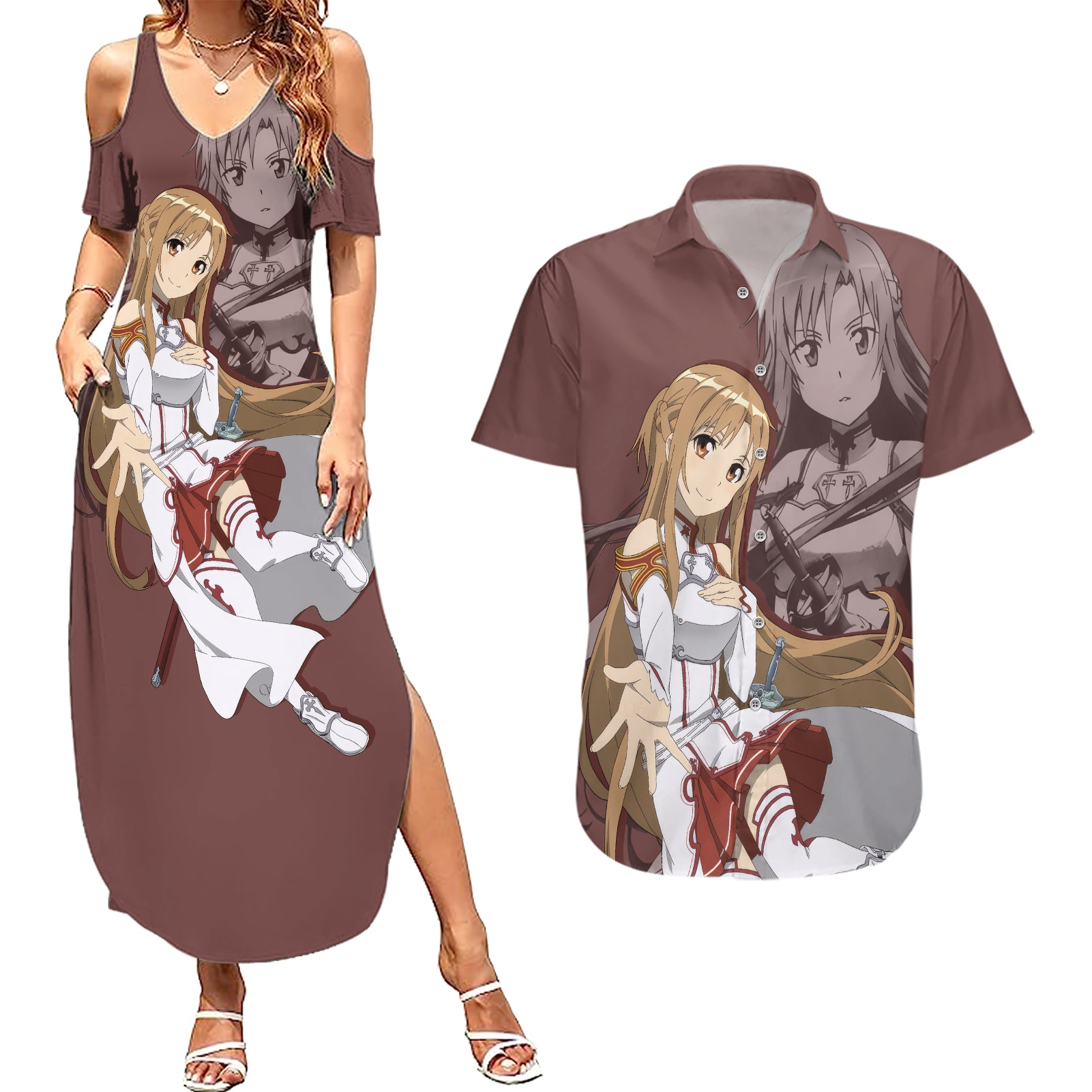 Asuna Yuuki Couples Matching Summer Maxi Dress and Hawaiian Shirt Sword Art Online