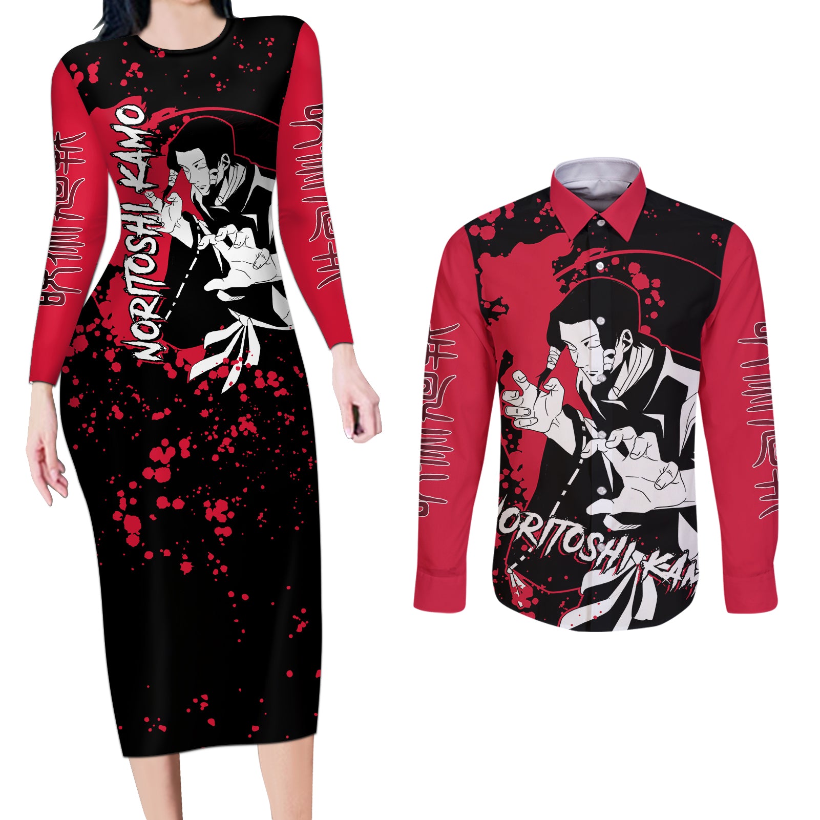 Noritoshi Kamo Jujutsu Kaisen Couples Matching Long Sleeve Bodycon Dress and Long Sleeve Button Shirt Manga Style Art