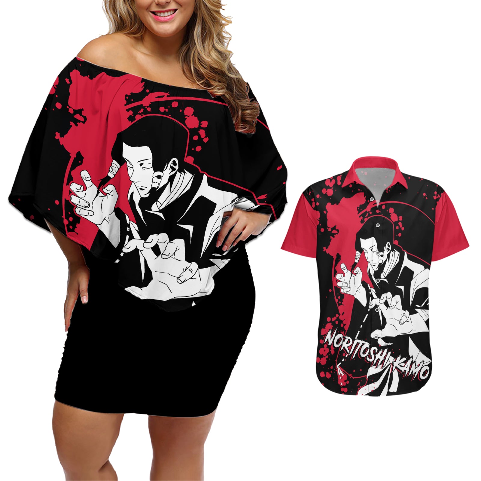 Noritoshi Kamo Jujutsu Kaisen Couples Matching Off Shoulder Short Dress and Hawaiian Shirt Manga Style Art