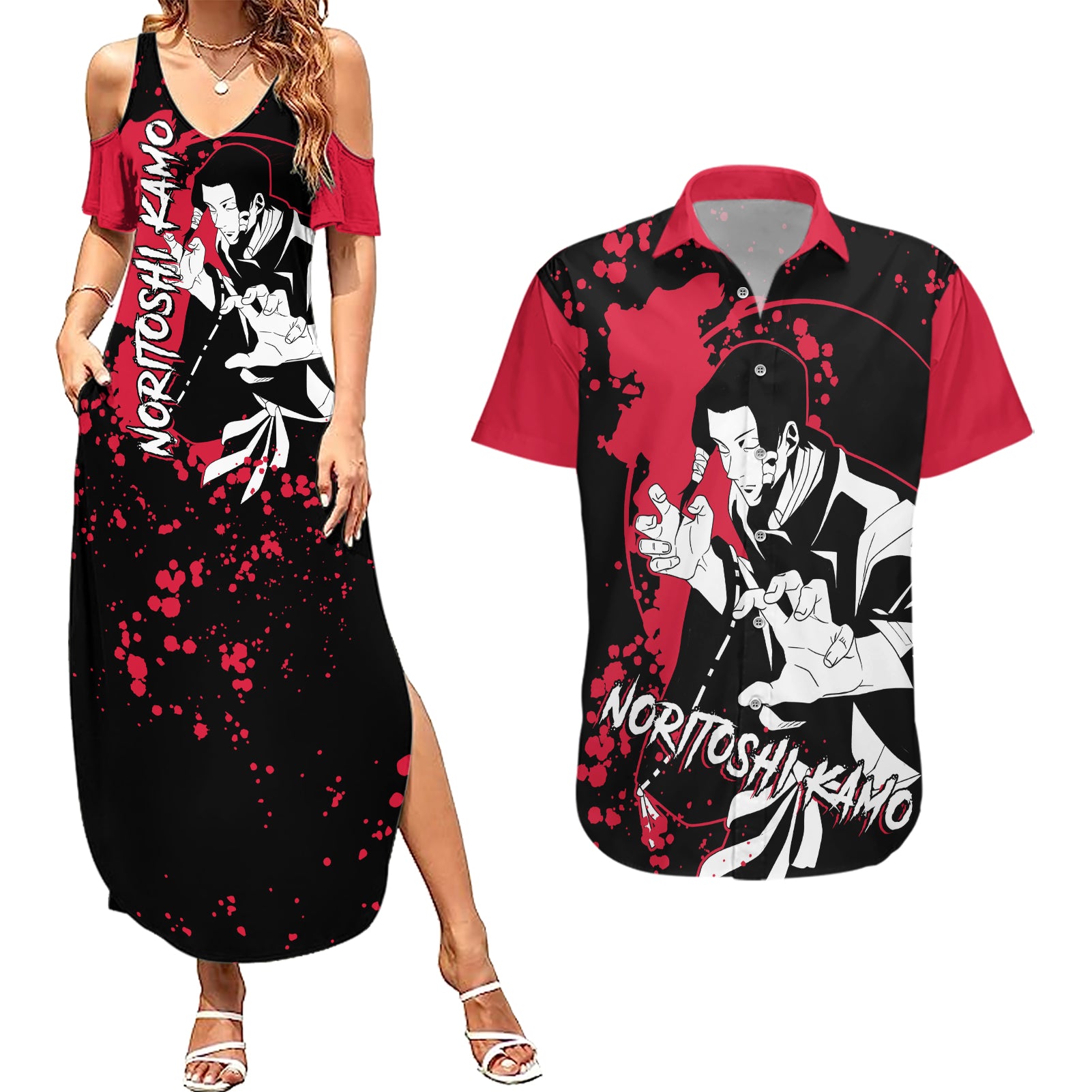 Noritoshi Kamo Jujutsu Kaisen Couples Matching Summer Maxi Dress and Hawaiian Shirt Manga Style Art