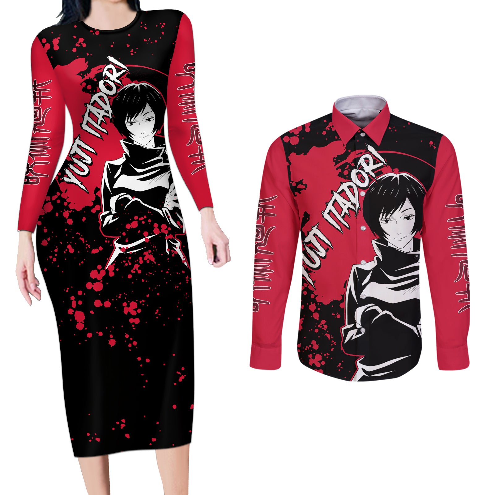 Mai Zenin Jujutsu Kaisen Couples Matching Long Sleeve Bodycon Dress and Long Sleeve Button Shirt Manga Style Art