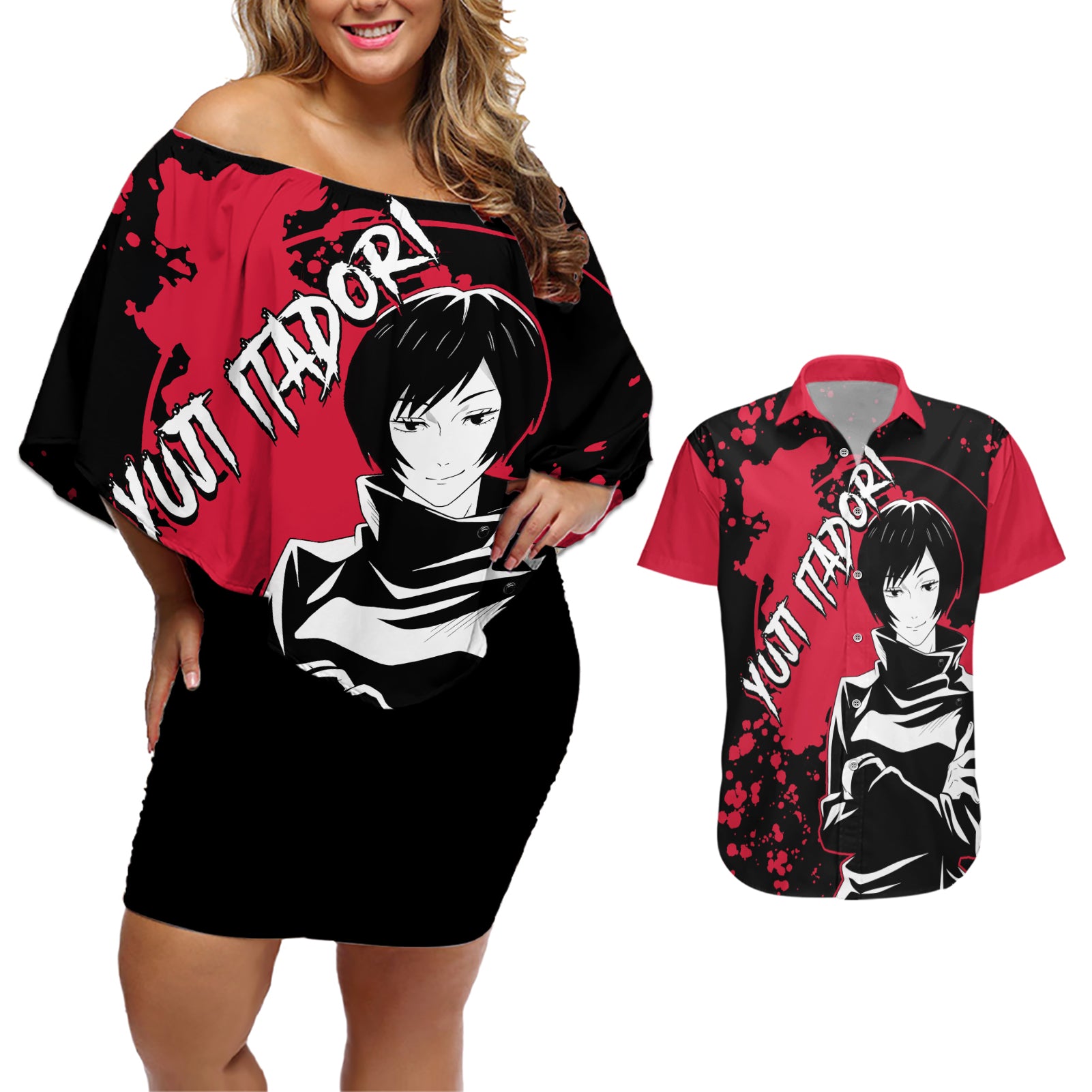 Mai Zenin Jujutsu Kaisen Couples Matching Off Shoulder Short Dress and Hawaiian Shirt Manga Style Art