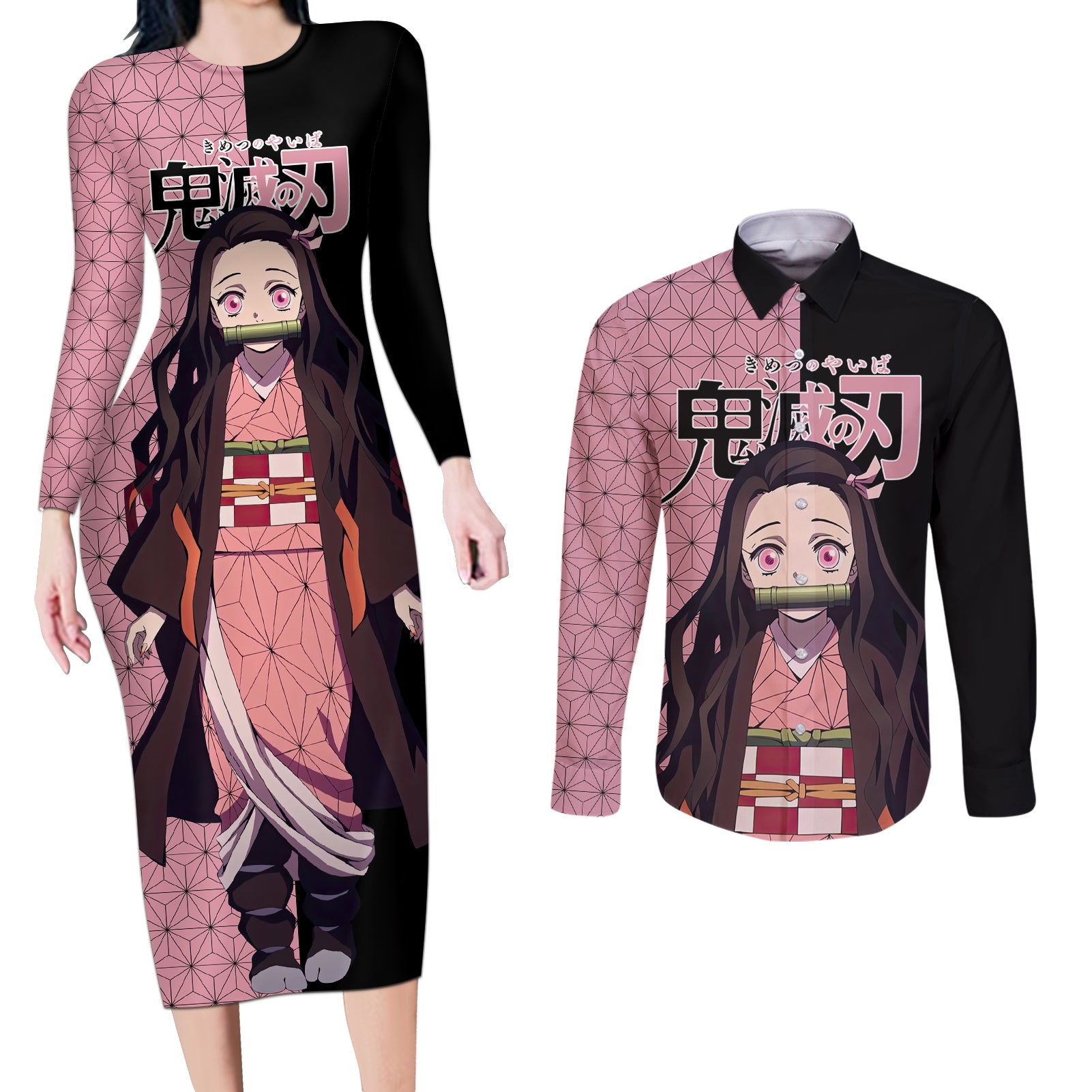 Nezuko Kamado Demon Slayer Couples Matching Long Sleeve Bodycon Dress and Long Sleeve Button Shirt Anime Style