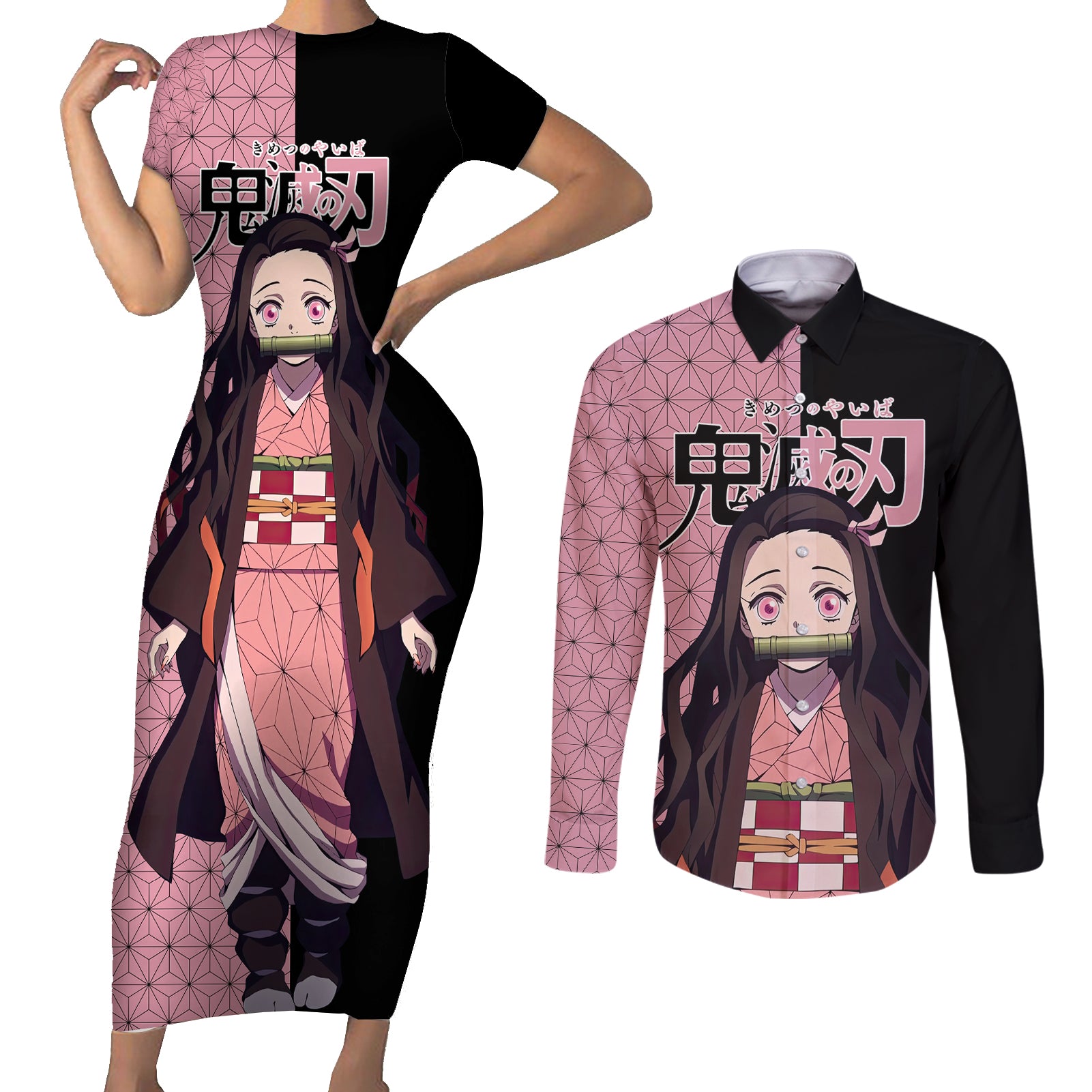 Nezuko Kamado Demon Slayer Couples Matching Short Sleeve Bodycon Dress and Long Sleeve Button Shirt Anime Style