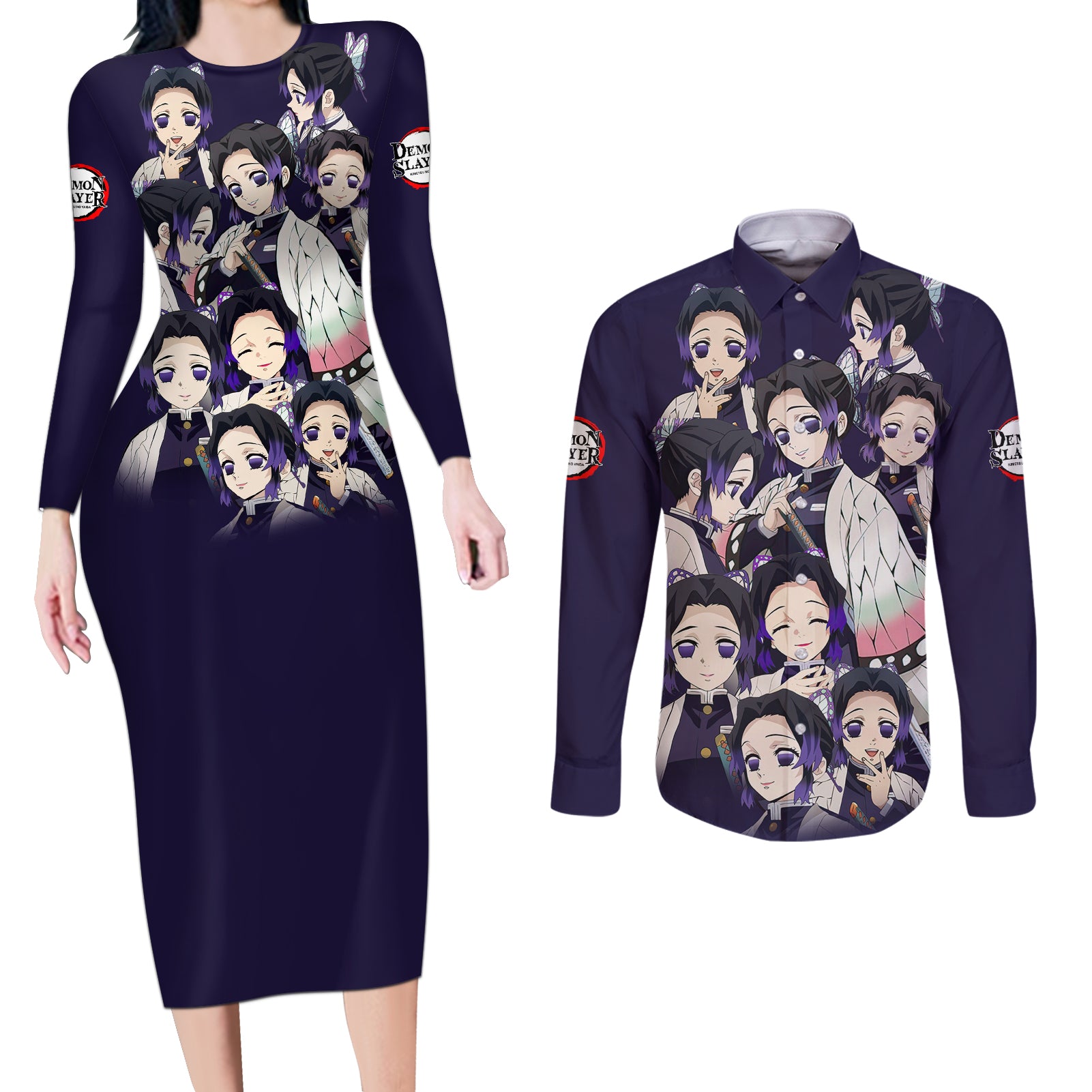 Shinobu Kocho Demon Slayer Couples Matching Long Sleeve Bodycon Dress and Long Sleeve Button Shirt Anime Style