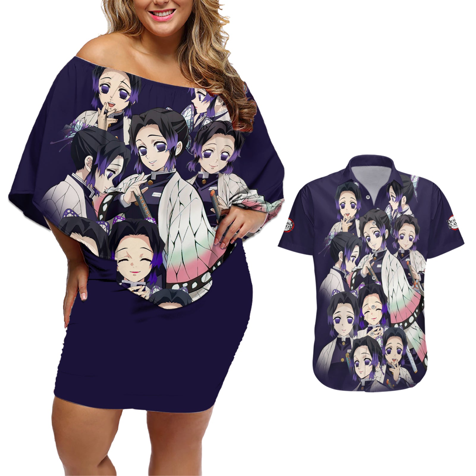 Shinobu Kocho Demon Slayer Couples Matching Off Shoulder Short Dress and Hawaiian Shirt Anime Style