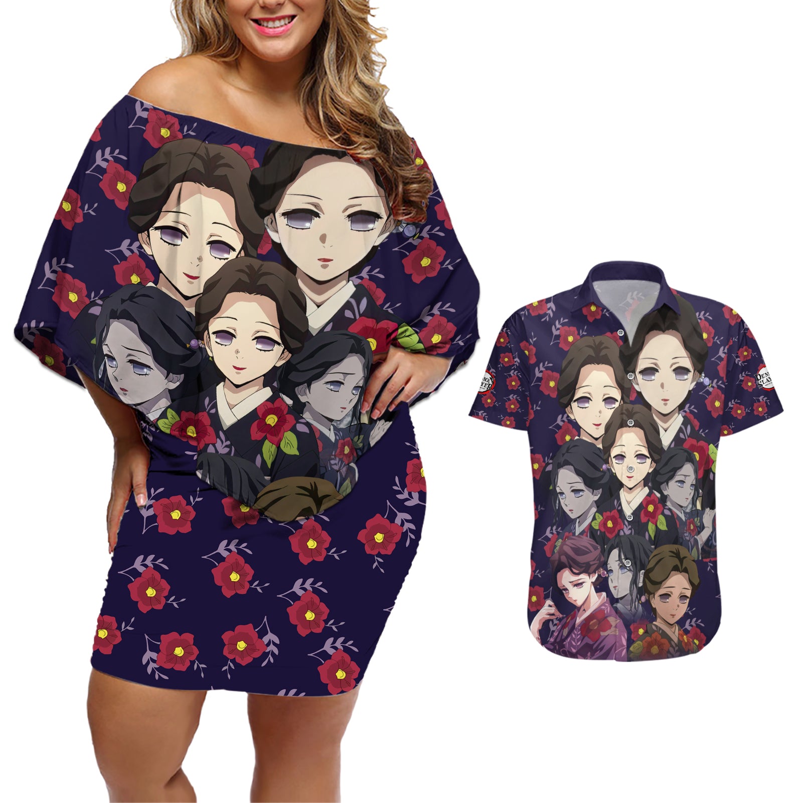 Tamayo Demon Slayer Couples Matching Off Shoulder Short Dress and Hawaiian Shirt Anime Style