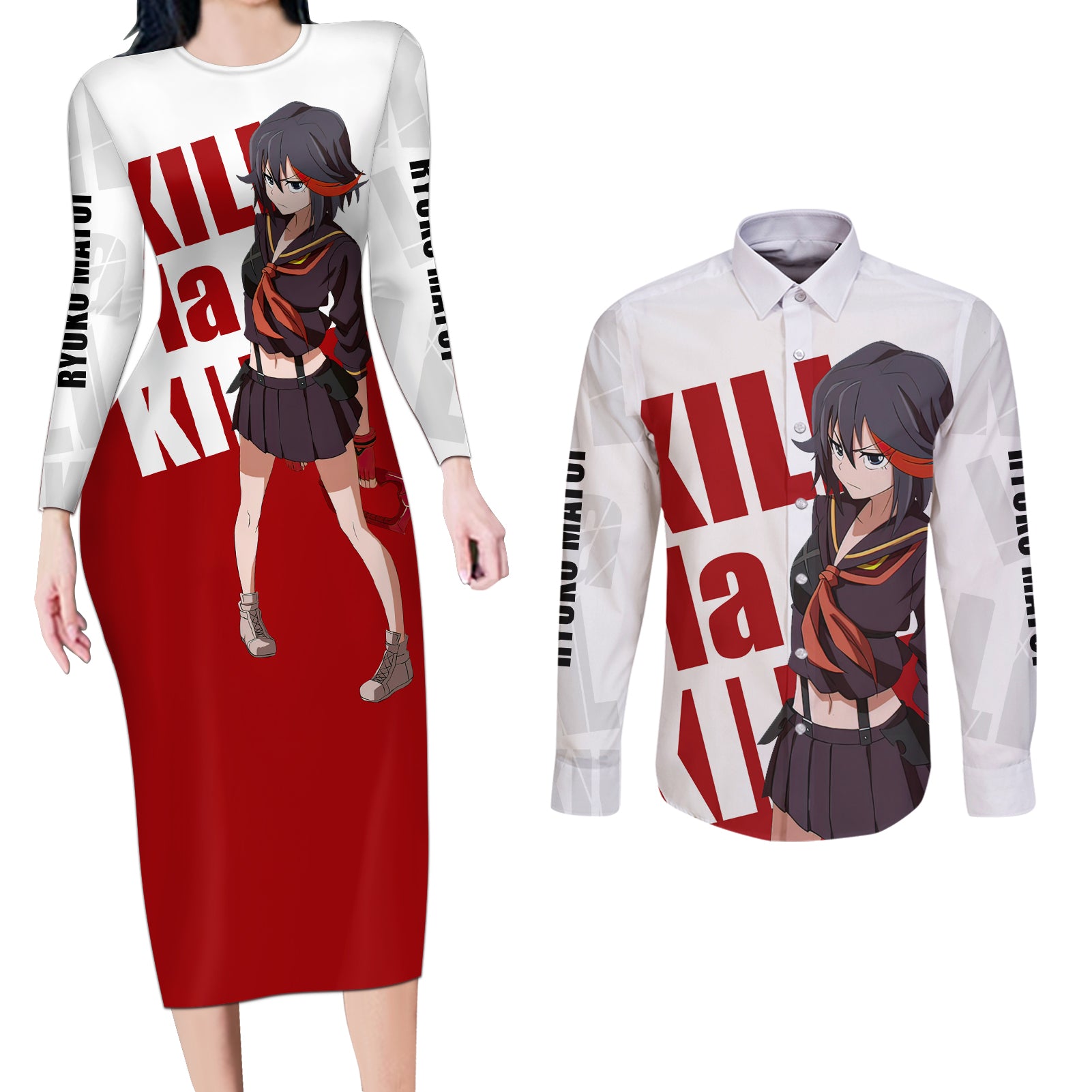 Ryuko Matoi Kill La Kill Couples Matching Long Sleeve Bodycon Dress and Long Sleeve Button Shirt Anime Style