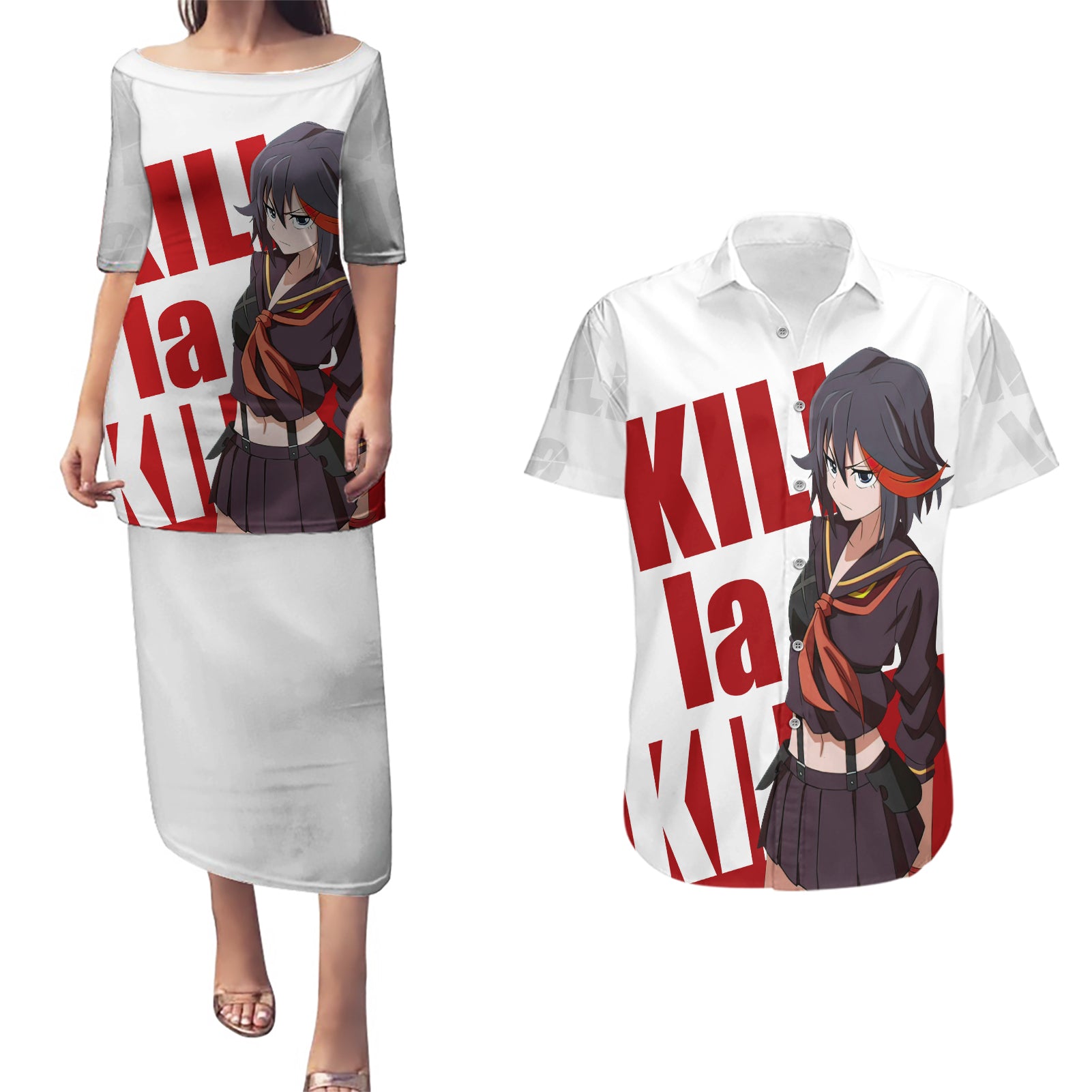 Ryuko Matoi Kill La Kill Couples Matching Puletasi and Hawaiian Shirt Anime Style