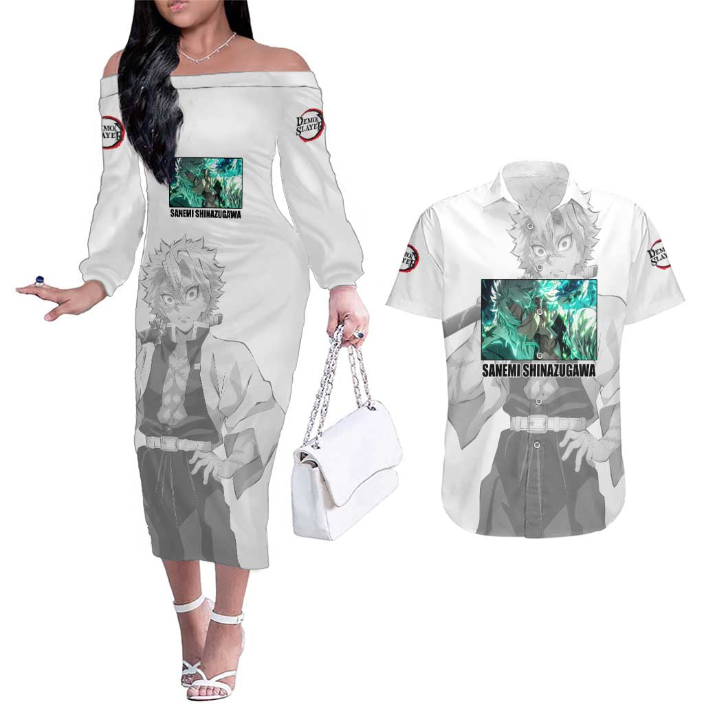 Sanemi Shinazugawa - Demon Slayer Couples Matching Off The Shoulder Long Sleeve Dress and Hawaiian Shirt Anime Style