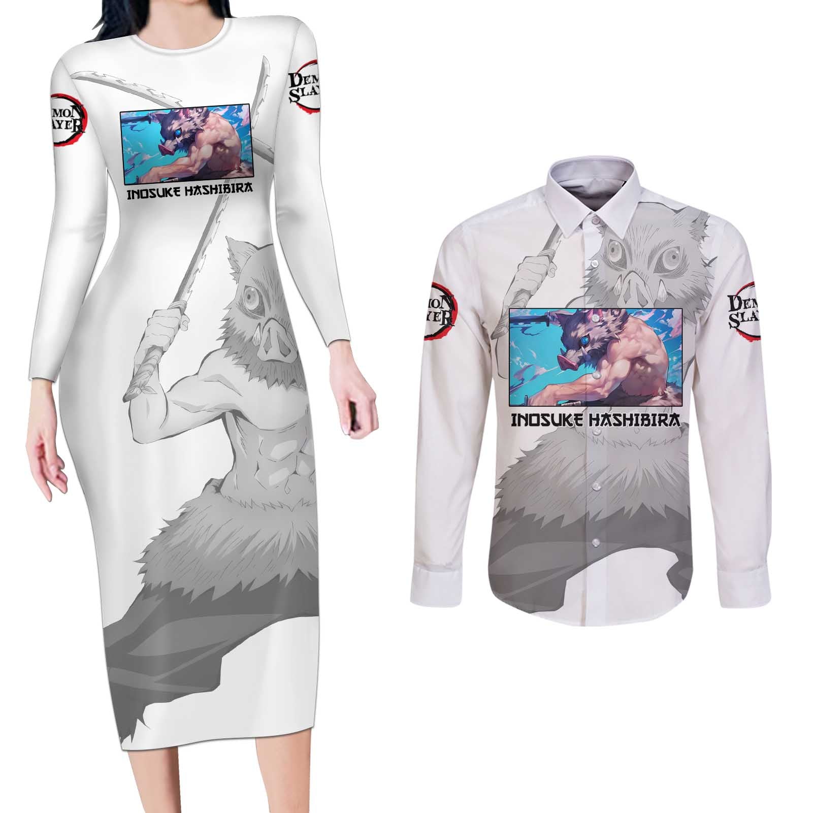 Hahibira Inosuke - Demon Slayer Couples Matching Long Sleeve Bodycon Dress and Long Sleeve Button Shirt Anime Style