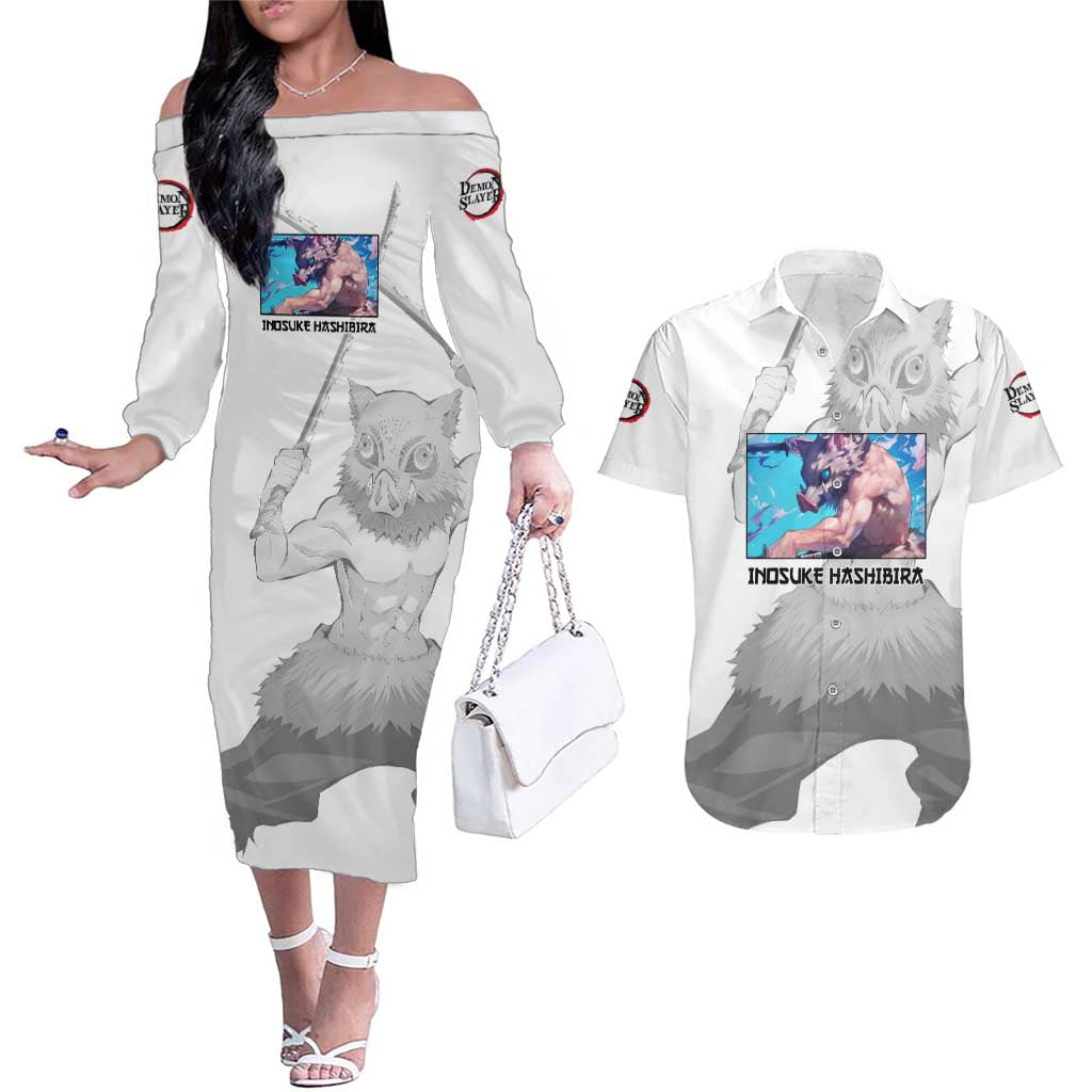 Hahibira Inosuke - Demon Slayer Couples Matching Off The Shoulder Long Sleeve Dress and Hawaiian Shirt Anime Style