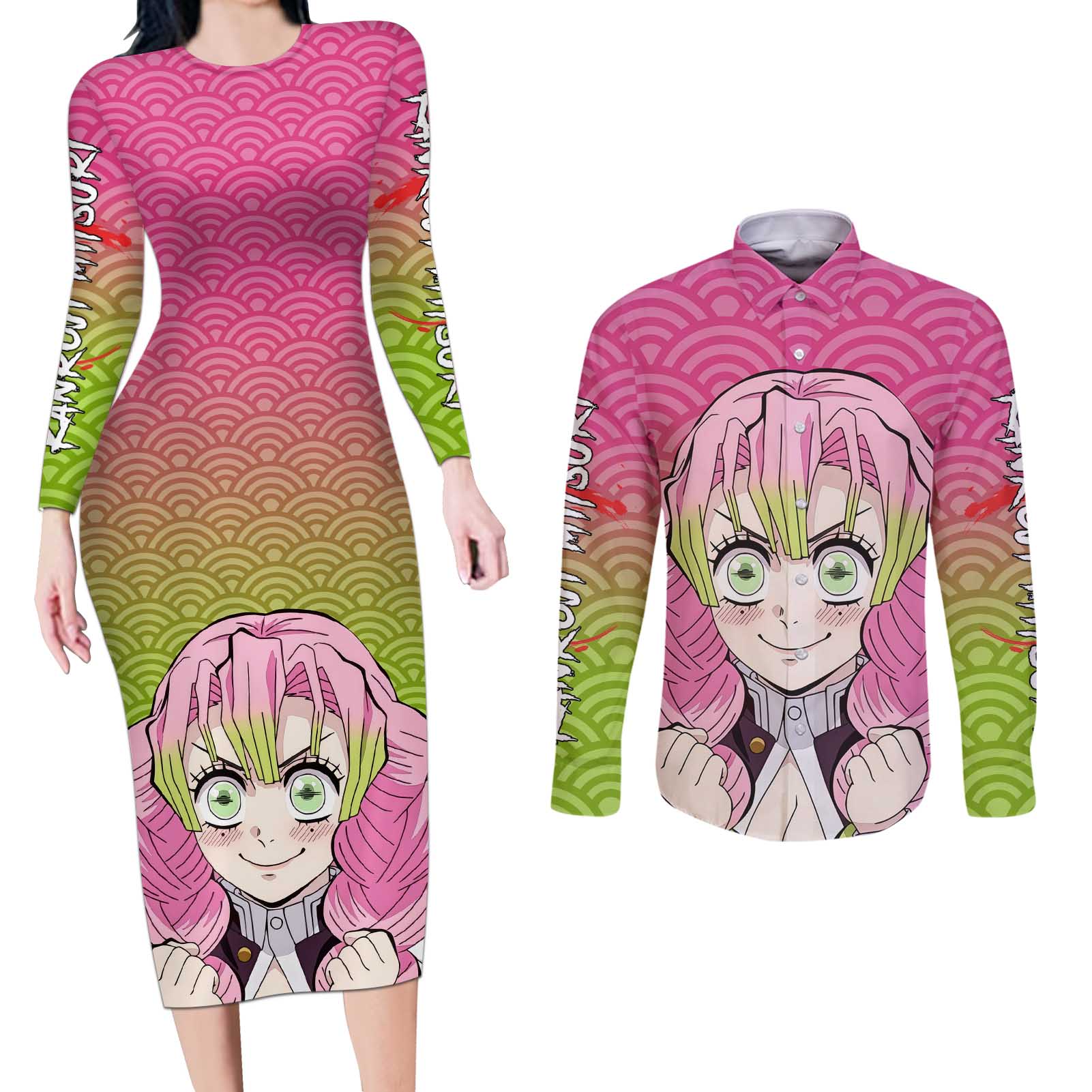 Mitsuri Kanroji - Demon Slayer Couples Matching Long Sleeve Bodycon Dress and Long Sleeve Button Shirt Anime Style