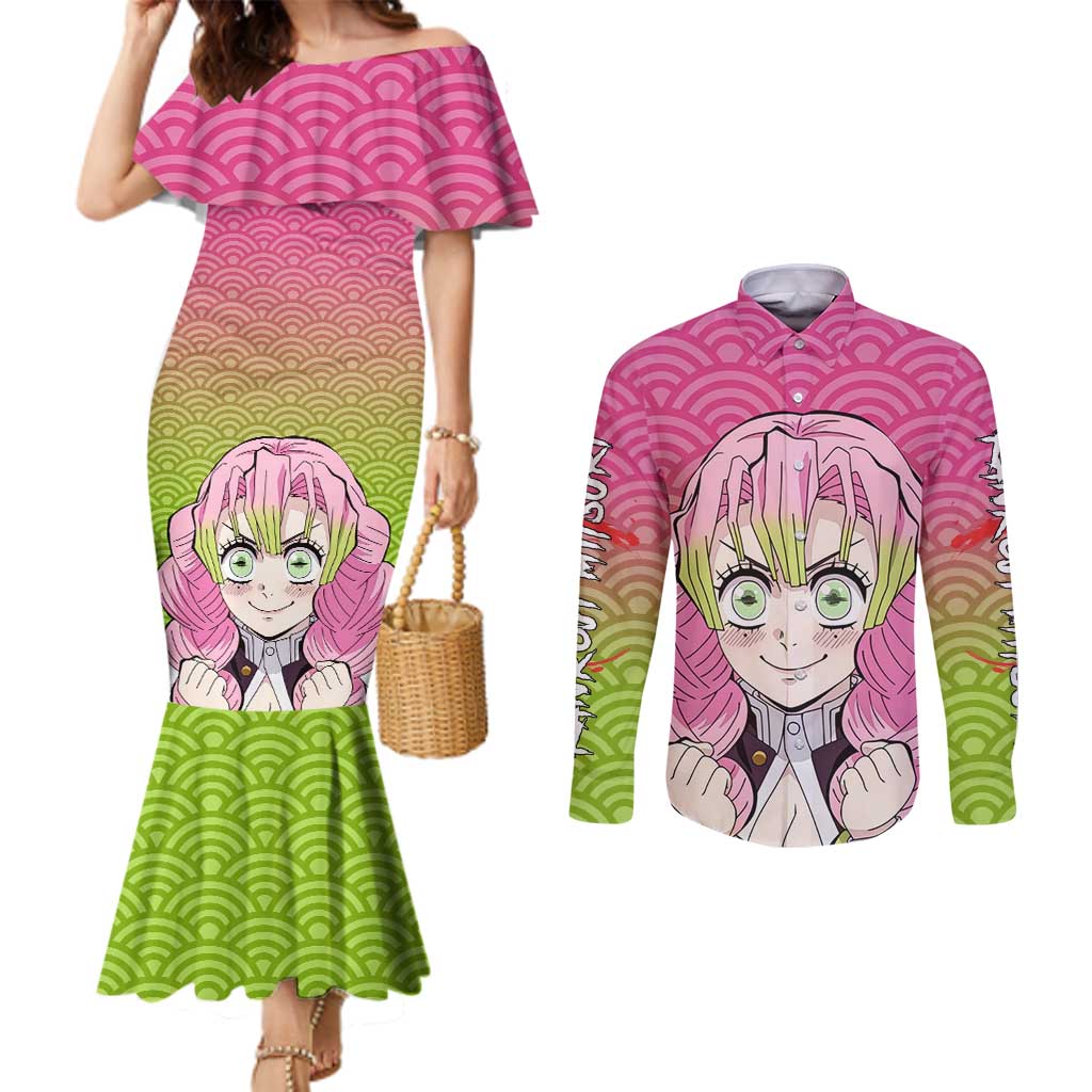 Mitsuri Kanroji - Demon Slayer Couples Matching Mermaid Dress and Long Sleeve Button Shirt Anime Style