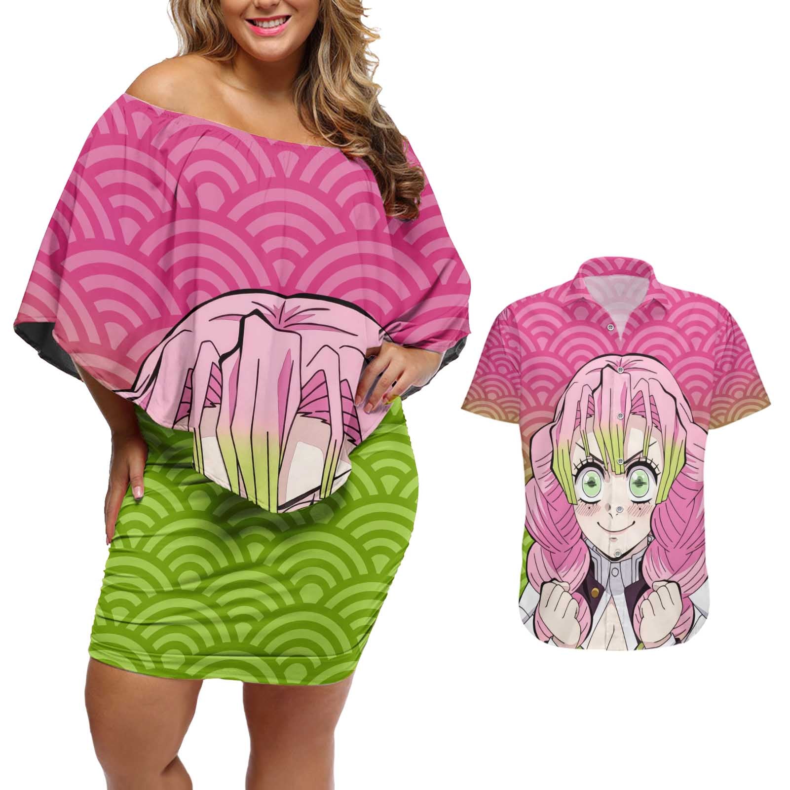 Mitsuri Kanroji - Demon Slayer Couples Matching Off Shoulder Short Dress and Hawaiian Shirt Anime Style