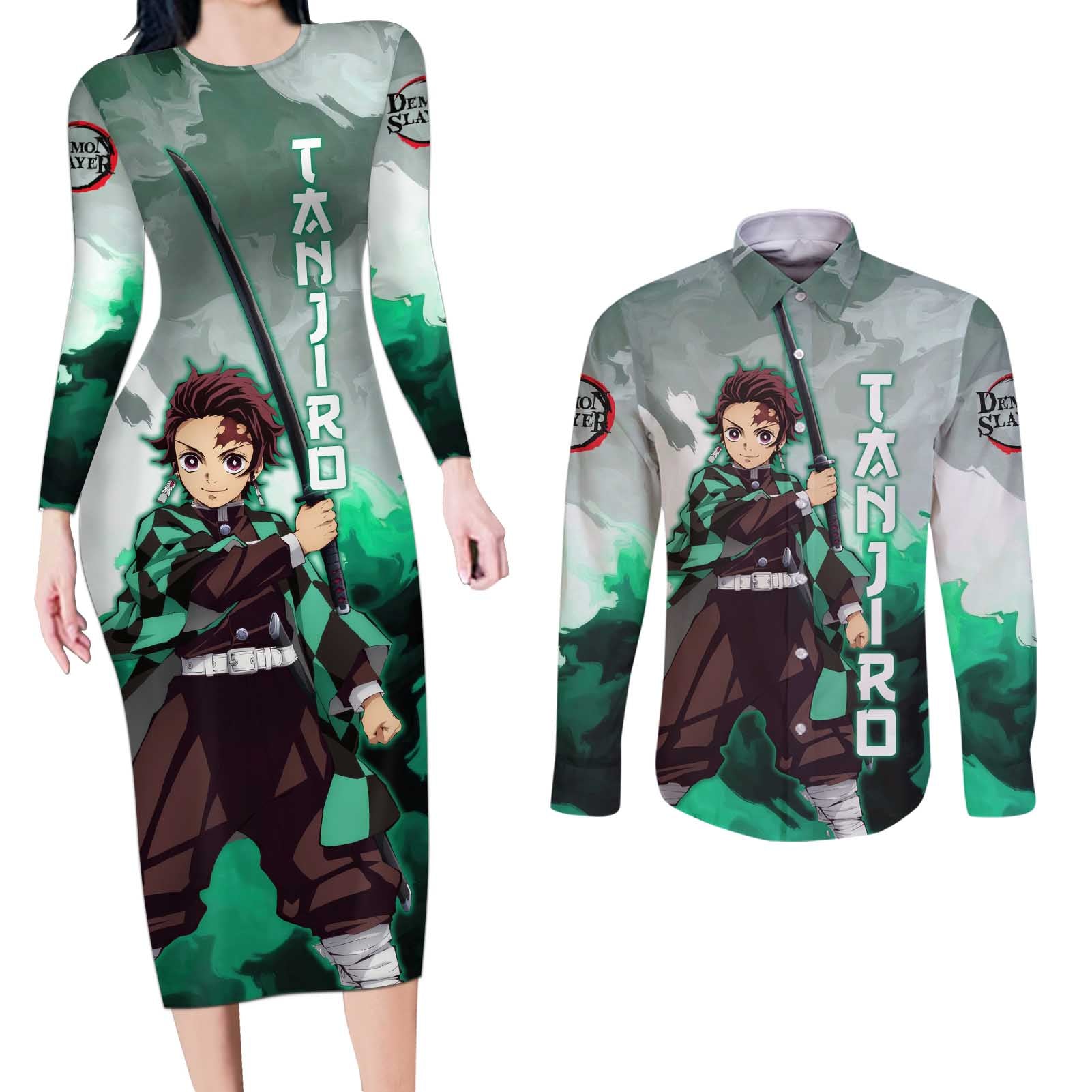 TanjIro Kamado - Demon Slayer Couples Matching Long Sleeve Bodycon Dress and Long Sleeve Button Shirt Anime Style