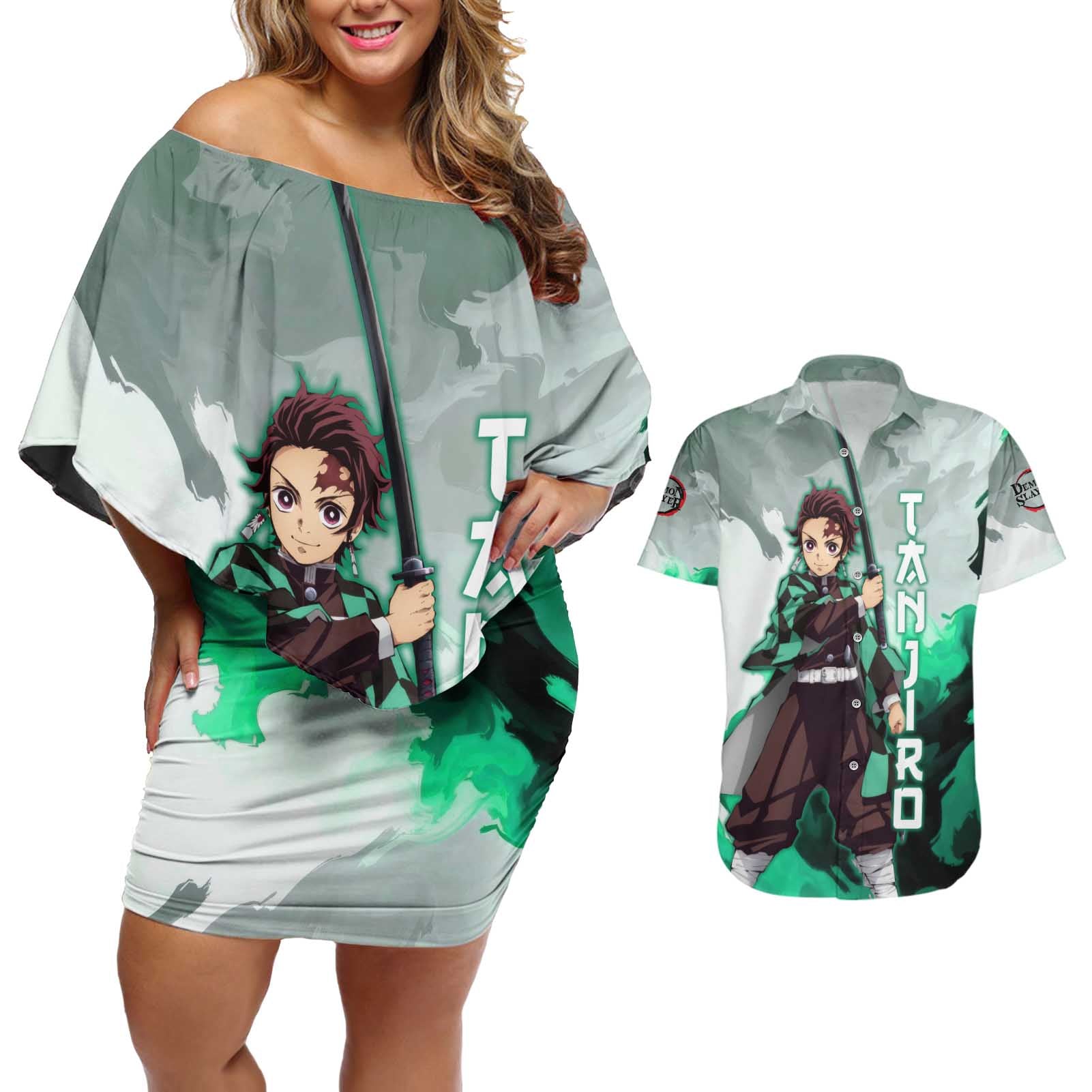 TanjIro Kamado - Demon Slayer Couples Matching Off Shoulder Short Dress and Hawaiian Shirt Anime Style