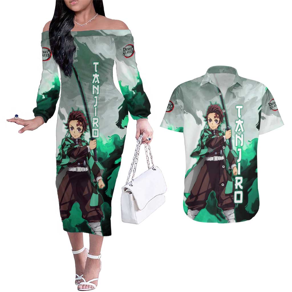 TanjIro Kamado - Demon Slayer Couples Matching Off The Shoulder Long Sleeve Dress and Hawaiian Shirt Anime Style