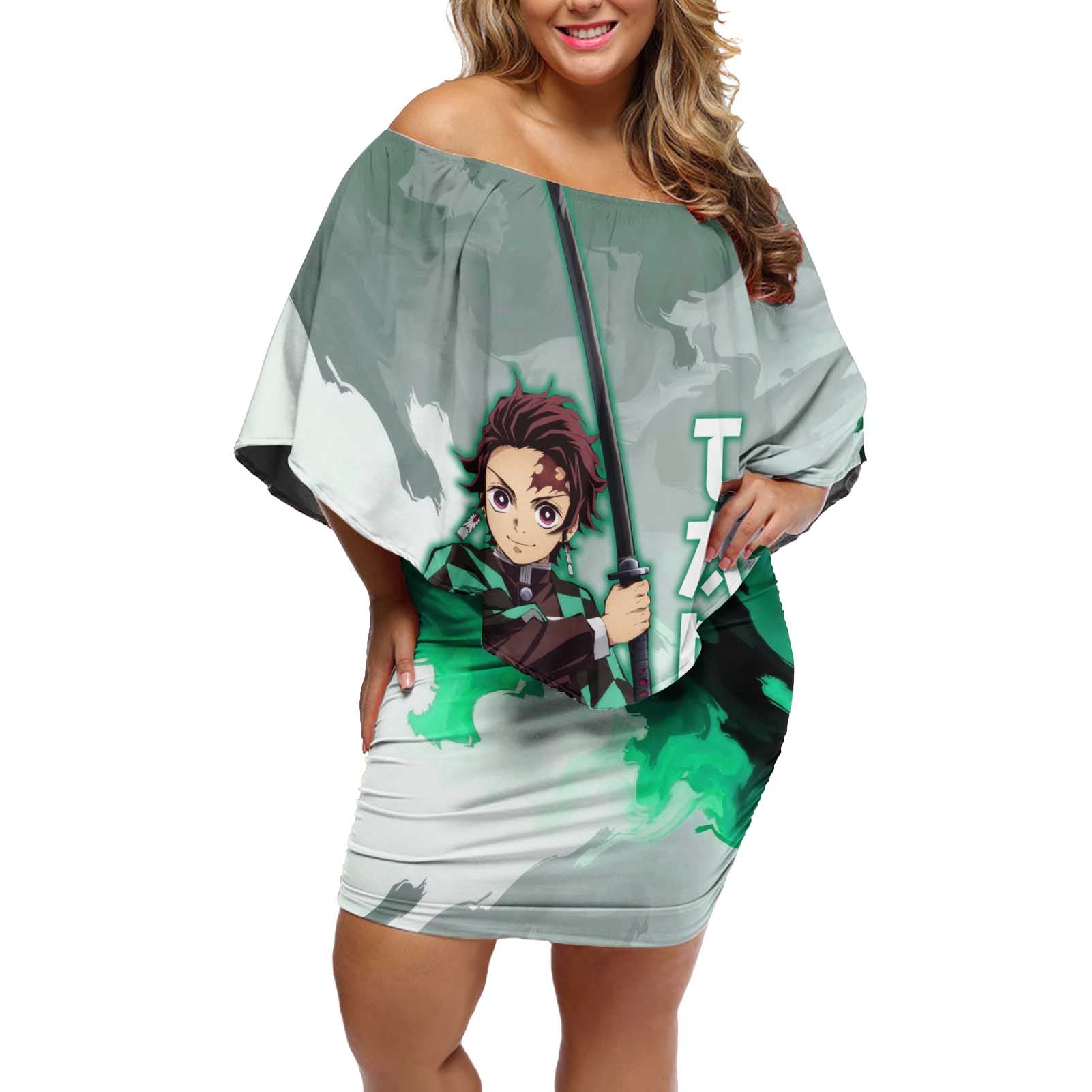 TanjIro Kamado - Demon Slayer Off Shoulder Short Dress Anime Style