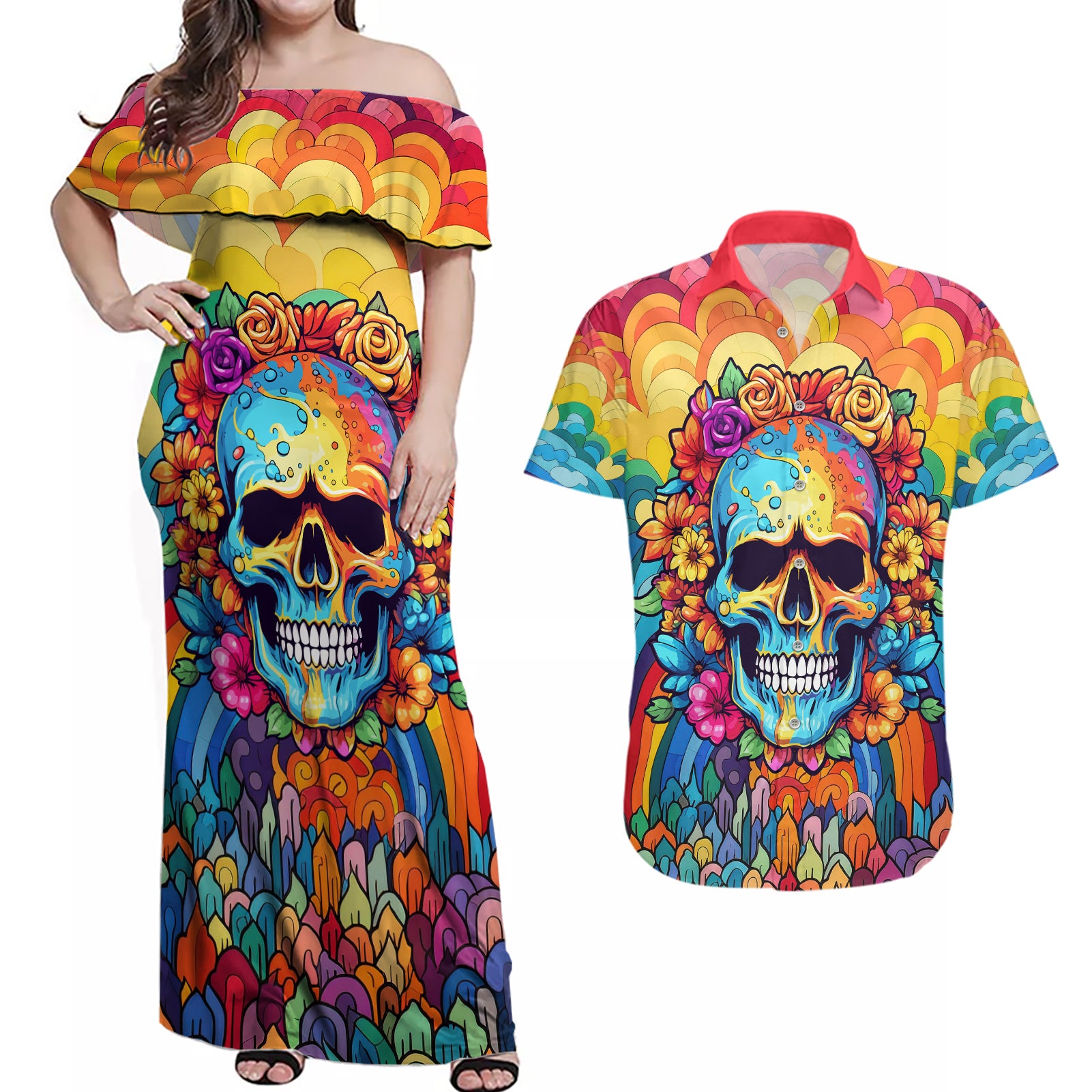 floral-skull-couples-matching-off-shoulder-maxi-dress-and-hawaiian-shirt-im-blunt-because-god-rolled-me-that-way