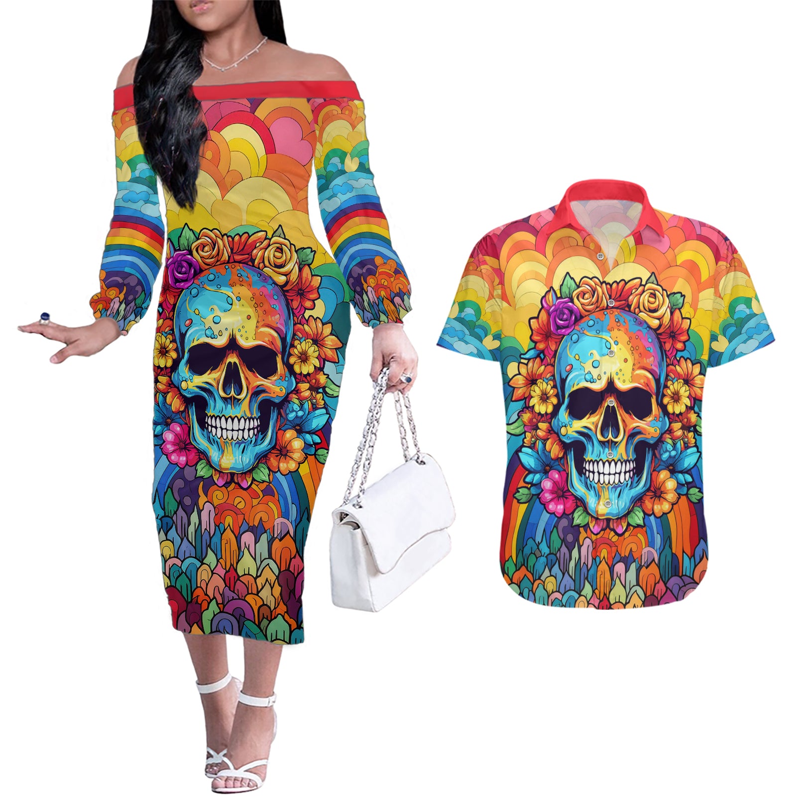 floral-skull-couples-matching-off-the-shoulder-long-sleeve-dress-and-hawaiian-shirt-im-blunt-because-god-rolled-me-that-way