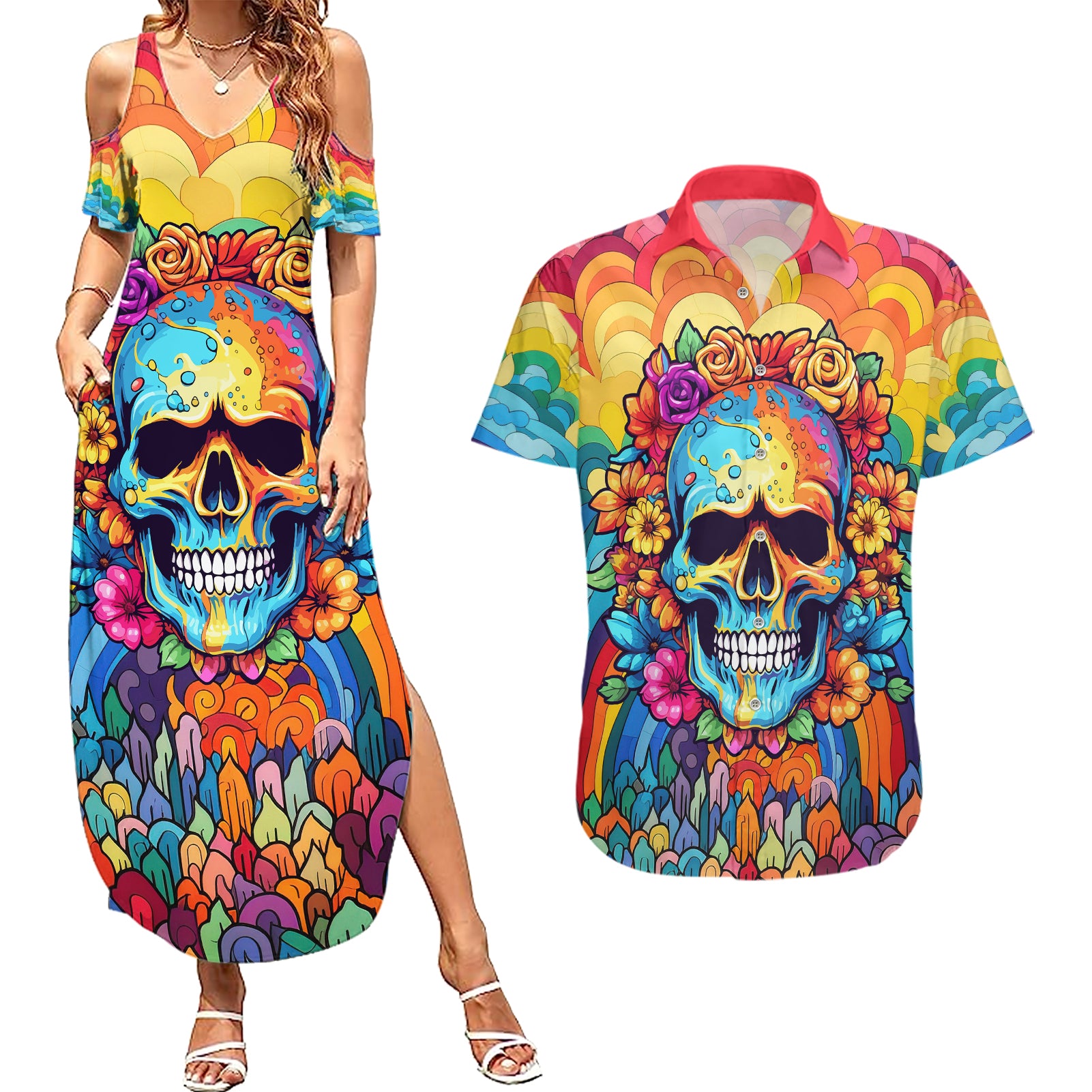 floral-skull-couples-matching-summer-maxi-dress-and-hawaiian-shirt-im-blunt-because-god-rolled-me-that-way