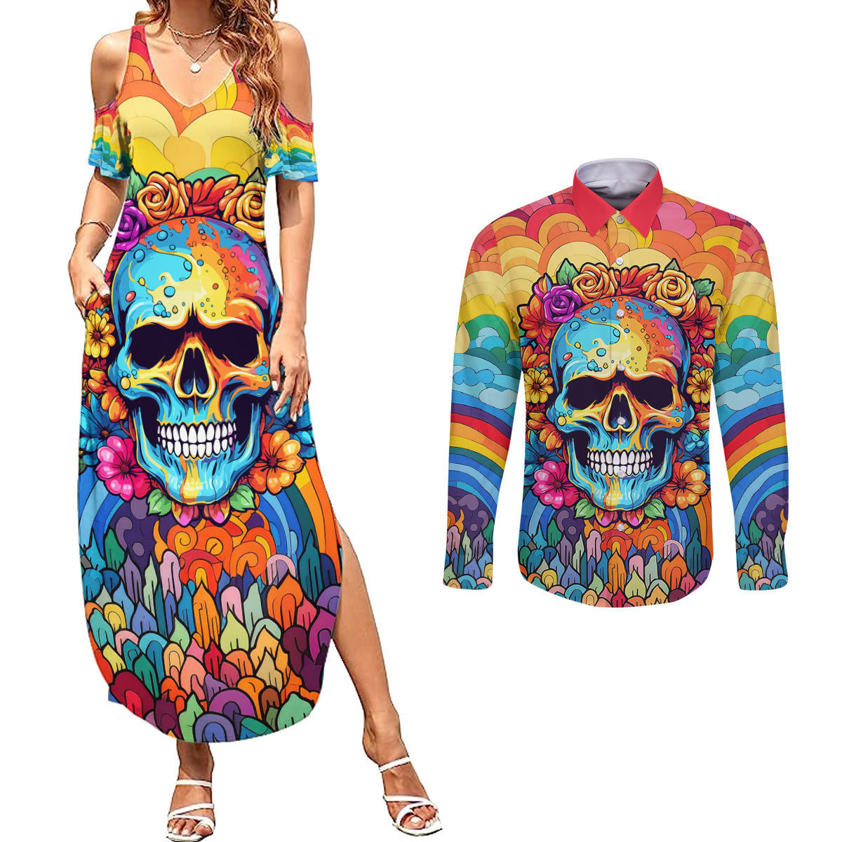 floral-skull-couples-matching-summer-maxi-dress-and-long-sleeve-button-shirts-im-blunt-because-god-rolled-me-that-way