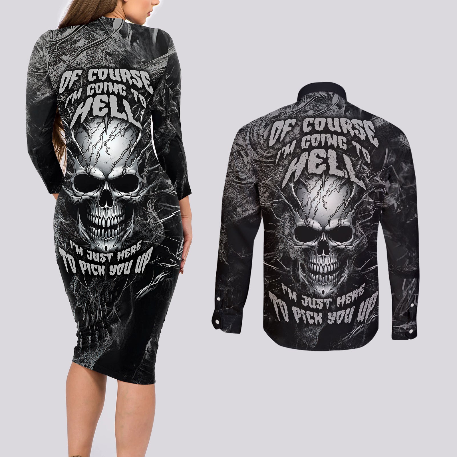 horror-skull-couples-matching-long-sleeve-bodycon-dress-and-long-sleeve-button-shirts-of-course-im-going-to-hell-im-just-here-to-pick-you-up