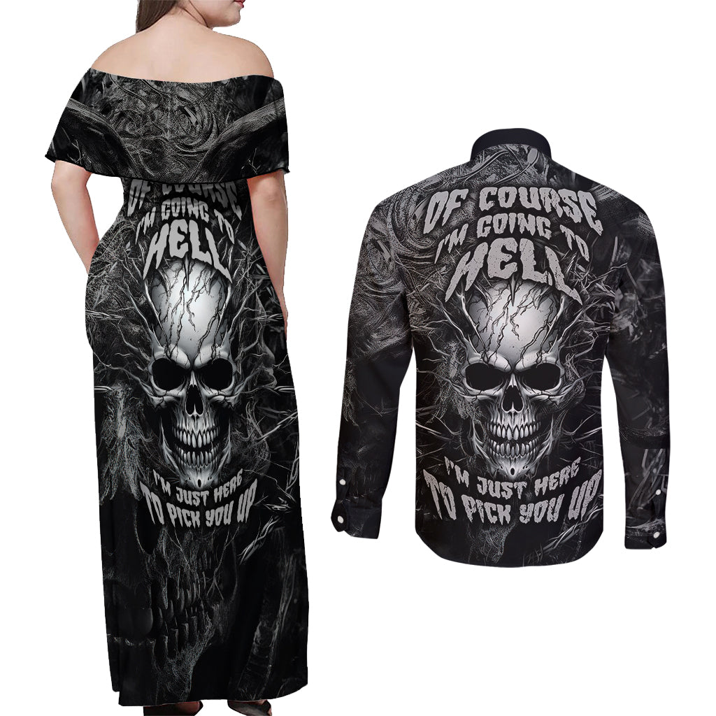 horror-skull-couples-matching-off-shoulder-maxi-dress-and-long-sleeve-button-shirts-of-course-im-going-to-hell-im-just-here-to-pick-you-up