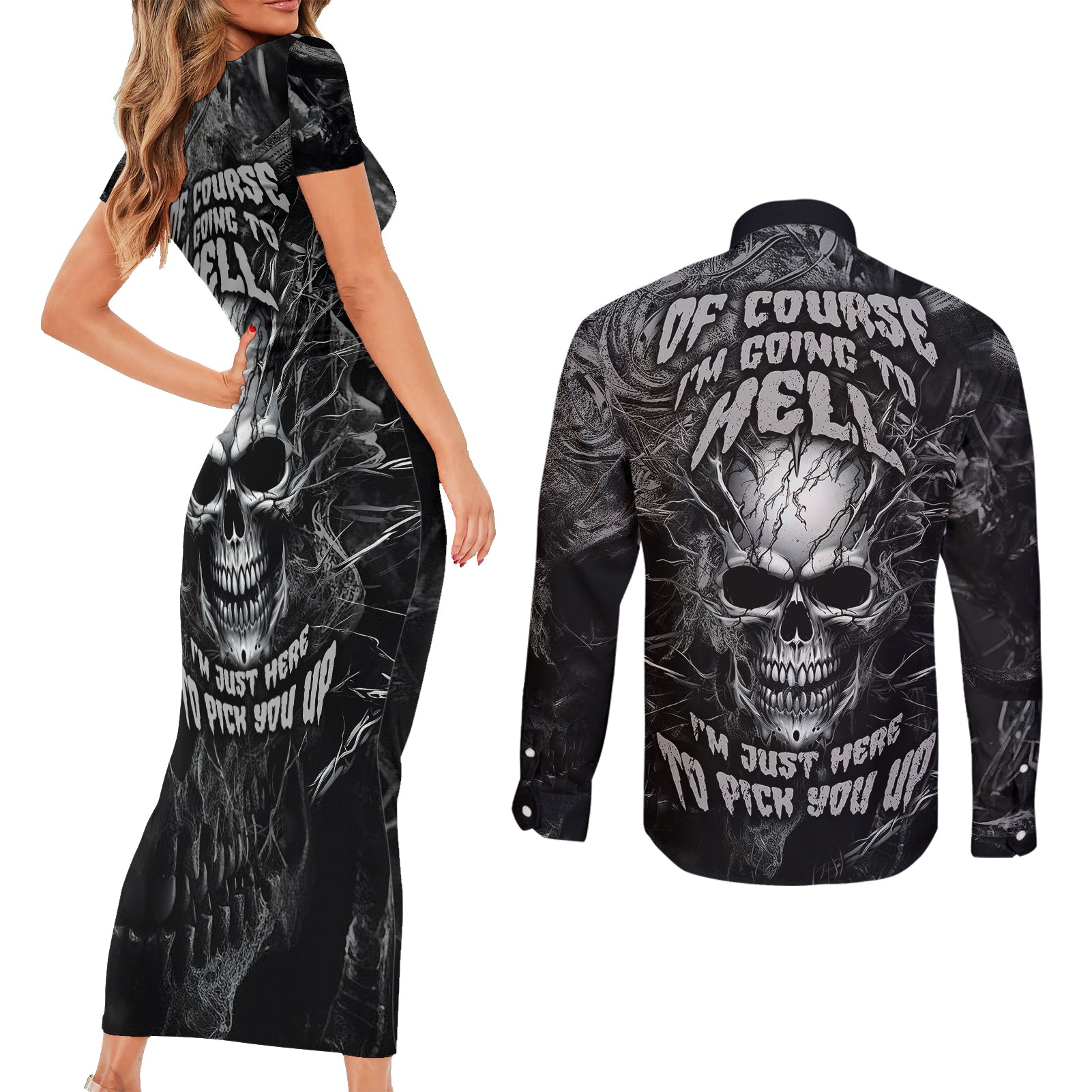 horror-skull-couples-matching-short-sleeve-bodycon-dress-and-long-sleeve-button-shirts-of-course-im-going-to-hell-im-just-here-to-pick-you-up