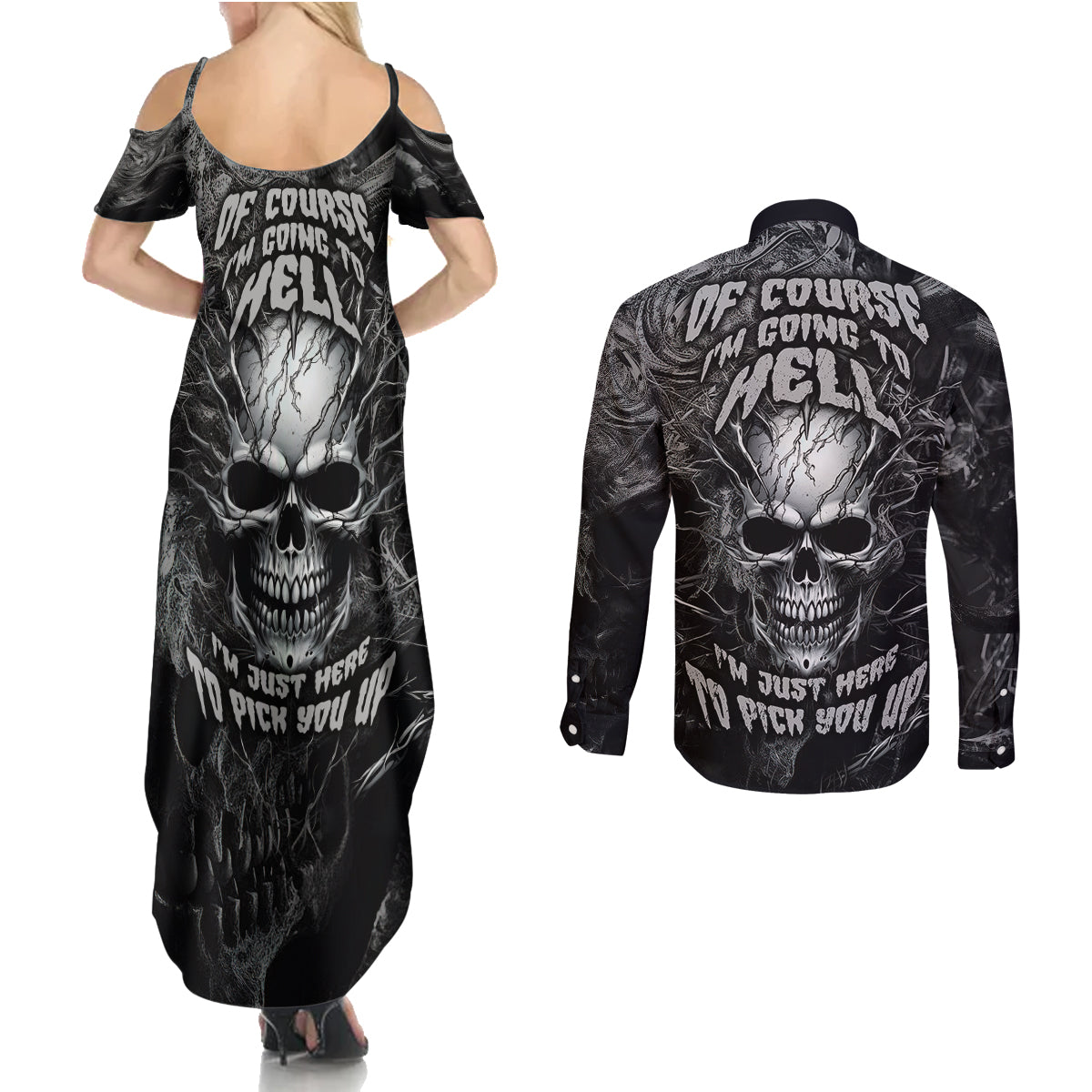 horror-skull-couples-matching-summer-maxi-dress-and-long-sleeve-button-shirts-of-course-im-going-to-hell-im-just-here-to-pick-you-up