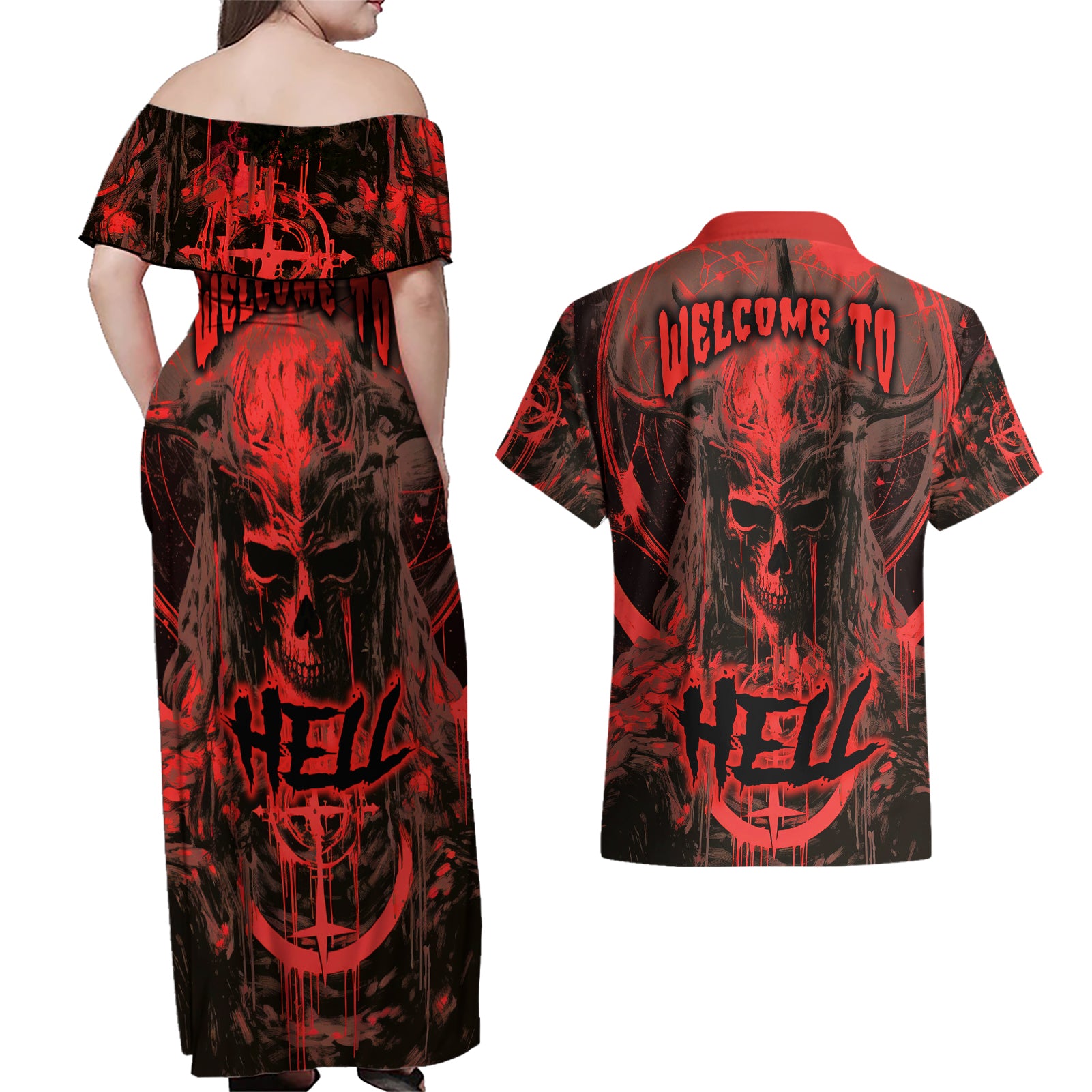 demon-skull-couples-matching-off-shoulder-maxi-dress-and-hawaiian-shirt-welcome-to-hell