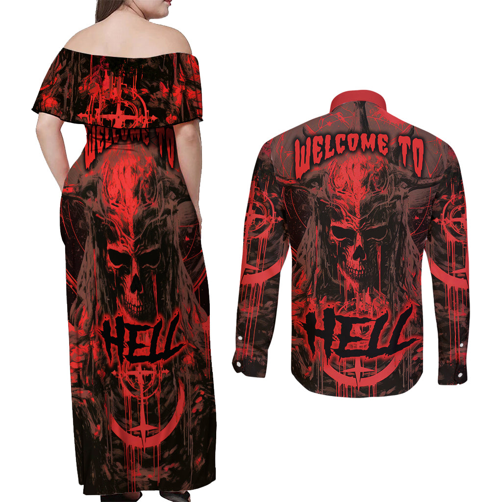 demon-skull-couples-matching-off-shoulder-maxi-dress-and-long-sleeve-button-shirts-welcome-to-hell