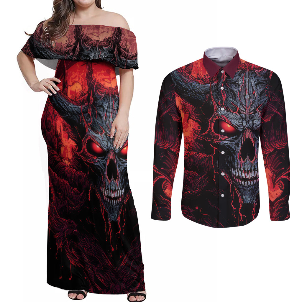 demon-skull-couples-matching-off-shoulder-maxi-dress-and-long-sleeve-button-shirts-you-better-pray-i-dont-get-up