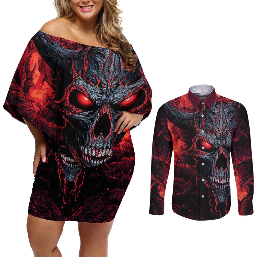 demon-skull-couples-matching-off-shoulder-short-dress-and-long-sleeve-button-shirts-you-better-pray-i-dont-get-up